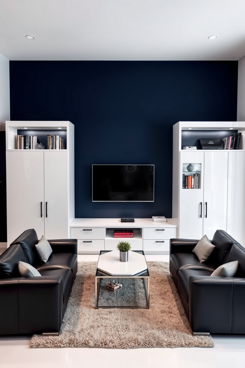 A glossy white entertainment center design features sleek cabinetry with integrated lighting that highlights decorative items. The center includes a large flat-screen TV mounted above a minimalist console, surrounded by stylish shelves for books and collectibles. The white man cave design incorporates dark leather seating arranged around a central coffee table. Accent walls in deep navy blue provide a striking contrast to the white furnishings, while a plush area rug adds warmth to the space.