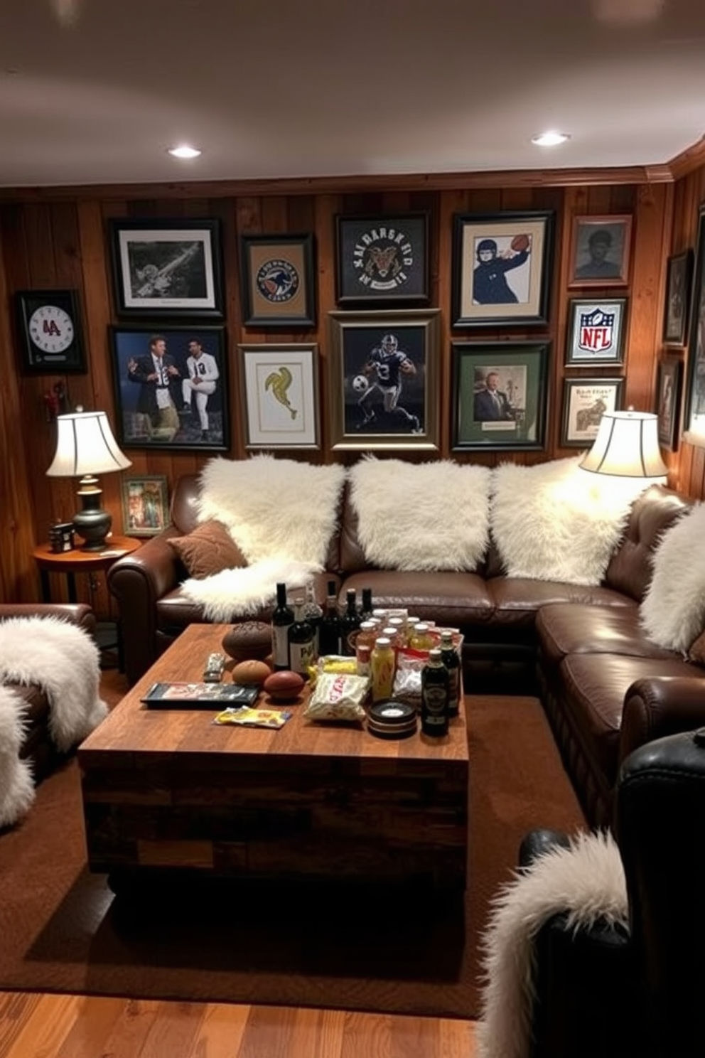 A cozy man cave featuring plush white faux fur throws draped over a deep leather sectional sofa. The walls are adorned with rustic wood paneling and framed sports memorabilia, creating a warm and inviting atmosphere. In the center of the room, a large coffee table made of reclaimed wood holds an assortment of snacks and drinks. Ambient lighting from stylish floor lamps casts a soft glow, enhancing the relaxed vibe of the space.