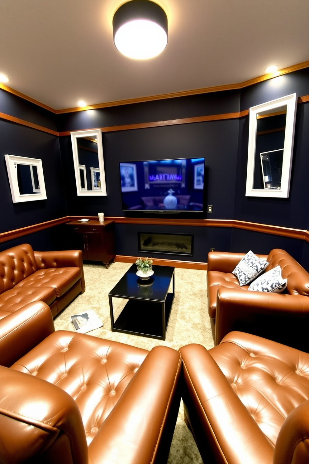 A stylish man cave designed for relaxation and entertainment. The space features comfortable leather seating arranged around a sleek coffee table, with a large flat-screen TV mounted on the wall. White framed mirrors are strategically placed to enhance the spacious feel of the room. The walls are painted in a deep navy blue, complemented by warm wood accents and ambient lighting for a cozy atmosphere.