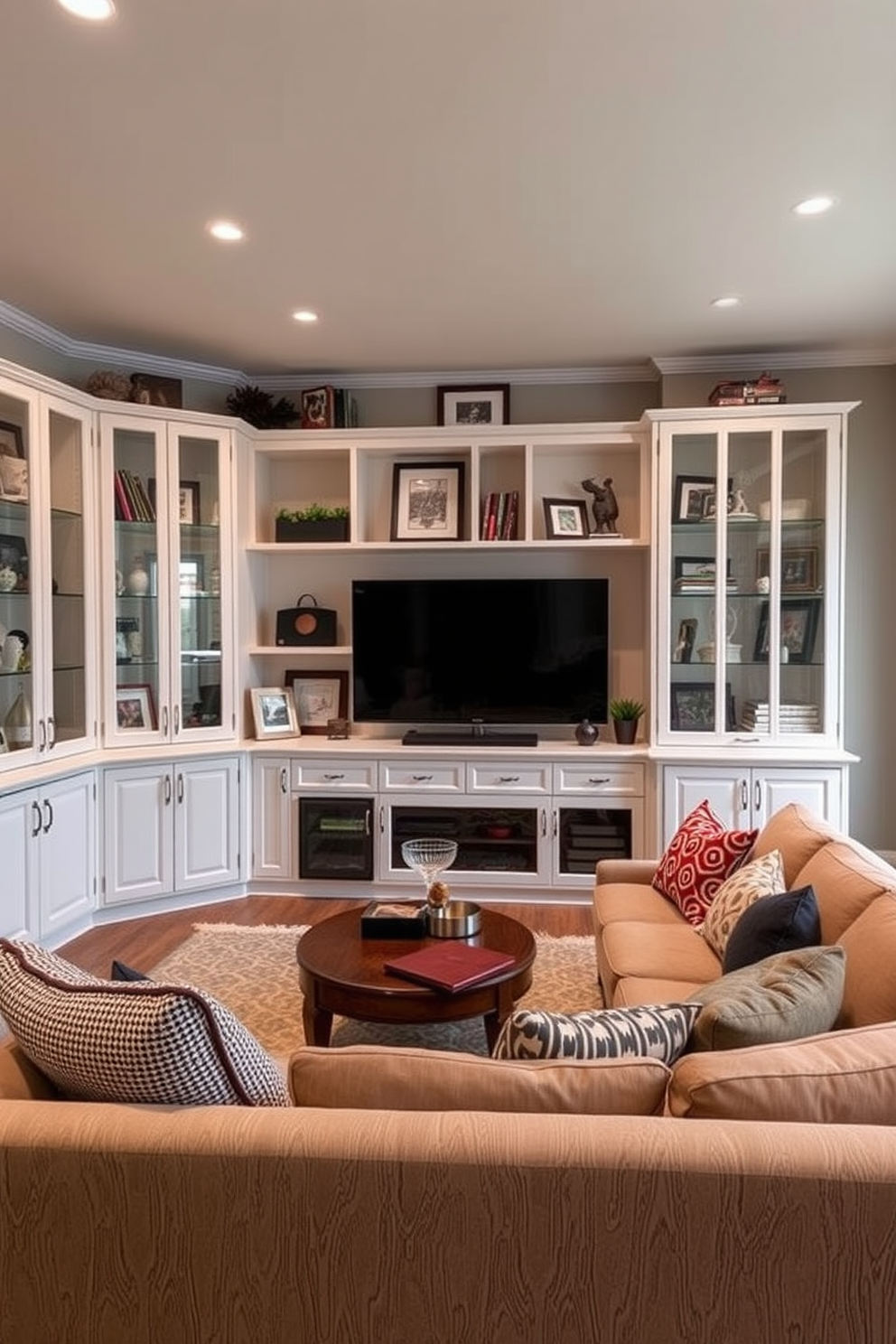 A stylish man cave featuring white cabinetry with glass doors showcases an array of curated collectibles and stylish decor. The space is designed for relaxation, featuring a comfortable sectional sofa and a large flat-screen TV, creating the perfect atmosphere for entertaining friends.