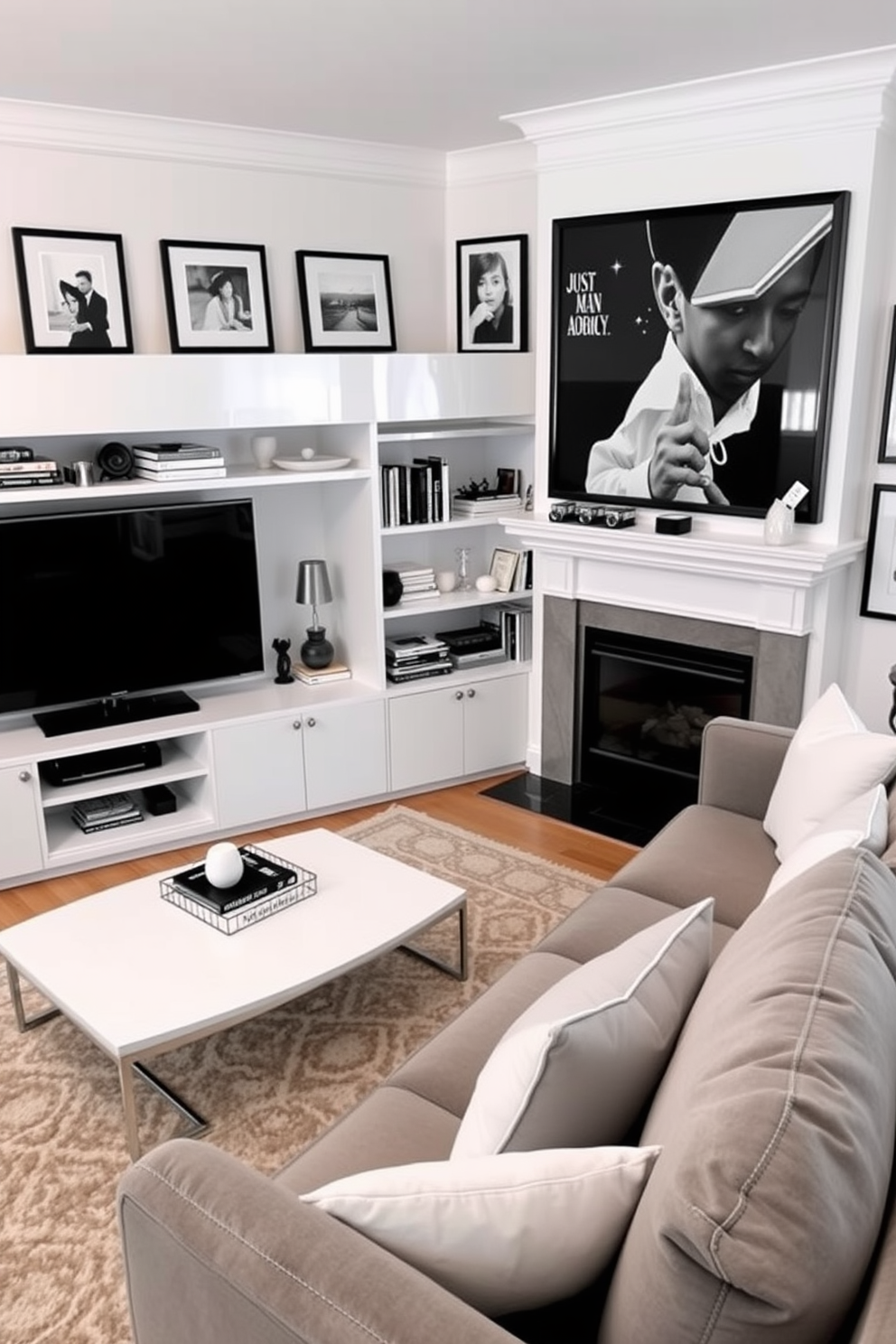 A stylish man cave featuring a white and gray color palette. The space includes a plush gray sectional sofa paired with white accent pillows and a sleek coffee table. On one side, a modern entertainment unit displays a large flat-screen TV and decorative shelves filled with books and collectibles. The walls are adorned with framed black and white photographs, adding a touch of sophistication to the atmosphere.