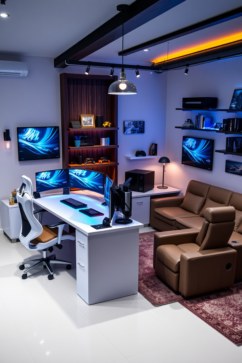 A stylish white desk designed for a gaming setup features a sleek surface with ample space for multiple monitors and gaming peripherals. The desk is complemented by ergonomic chairs and ambient LED lighting that enhances the gaming experience. The white man cave design incorporates comfortable seating arrangements with plush sofas and recliners, creating a cozy atmosphere. Dark wood accents and industrial lighting fixtures add a touch of sophistication, while wall-mounted shelves display gaming memorabilia and collectibles.