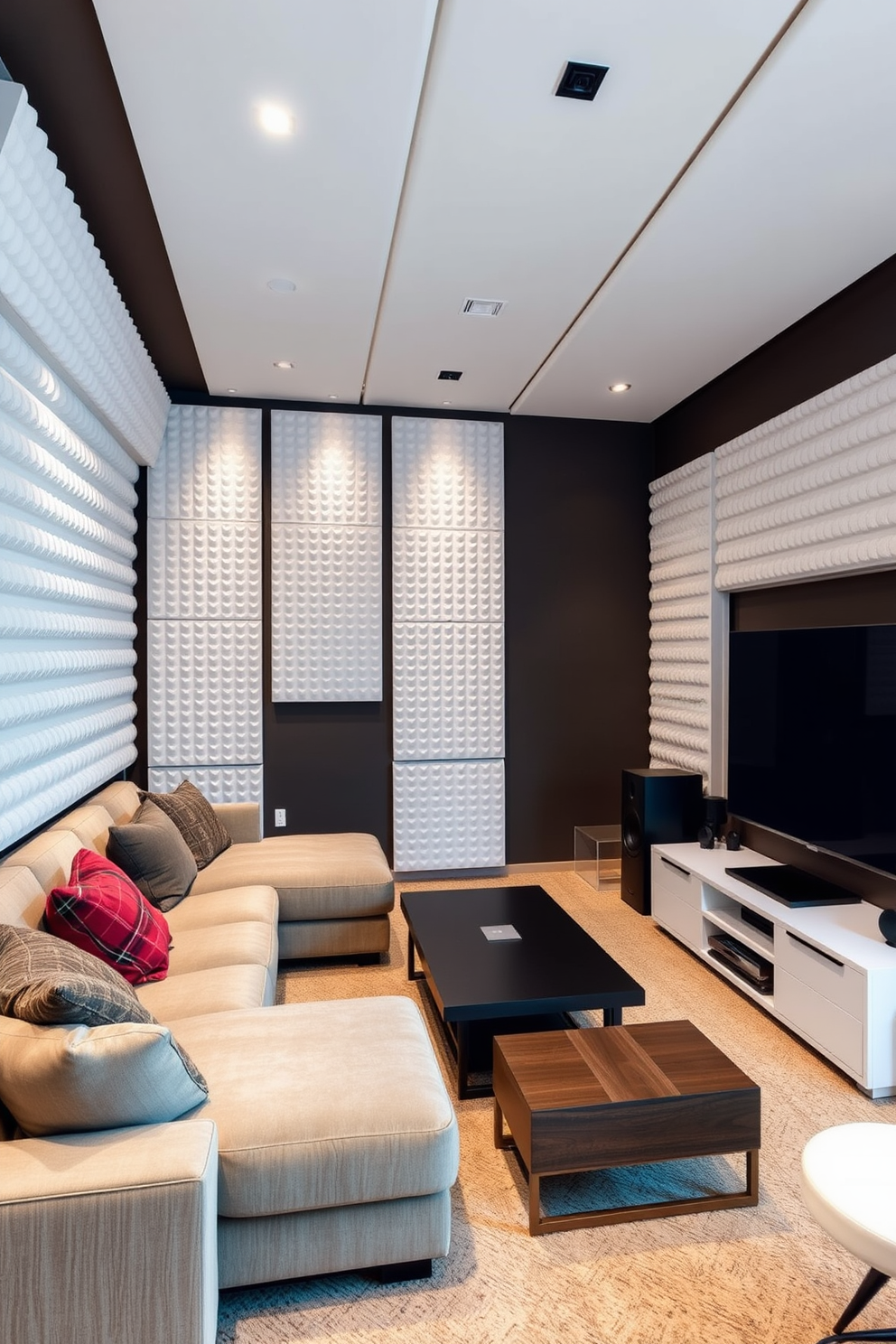 A stylish man cave featuring white acoustic panels strategically placed on the walls for optimal soundproofing. The space includes a plush sectional sofa, a sleek coffee table, and an entertainment center with a large flat-screen TV, creating a perfect environment for relaxation and entertainment.