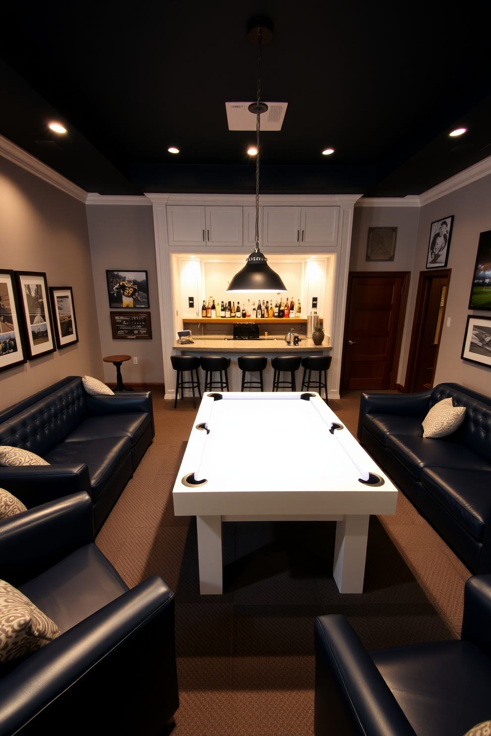 A bright white pool table takes center stage in a stylish man cave designed for relaxation and entertainment. Surrounding the table are plush leather seating options in deep navy, complemented by a sleek bar area stocked with premium beverages. The walls are adorned with framed artwork and sports memorabilia, creating an inviting atmosphere. Soft ambient lighting highlights the pool table, enhancing the overall aesthetic and making it the perfect spot for gatherings with friends.