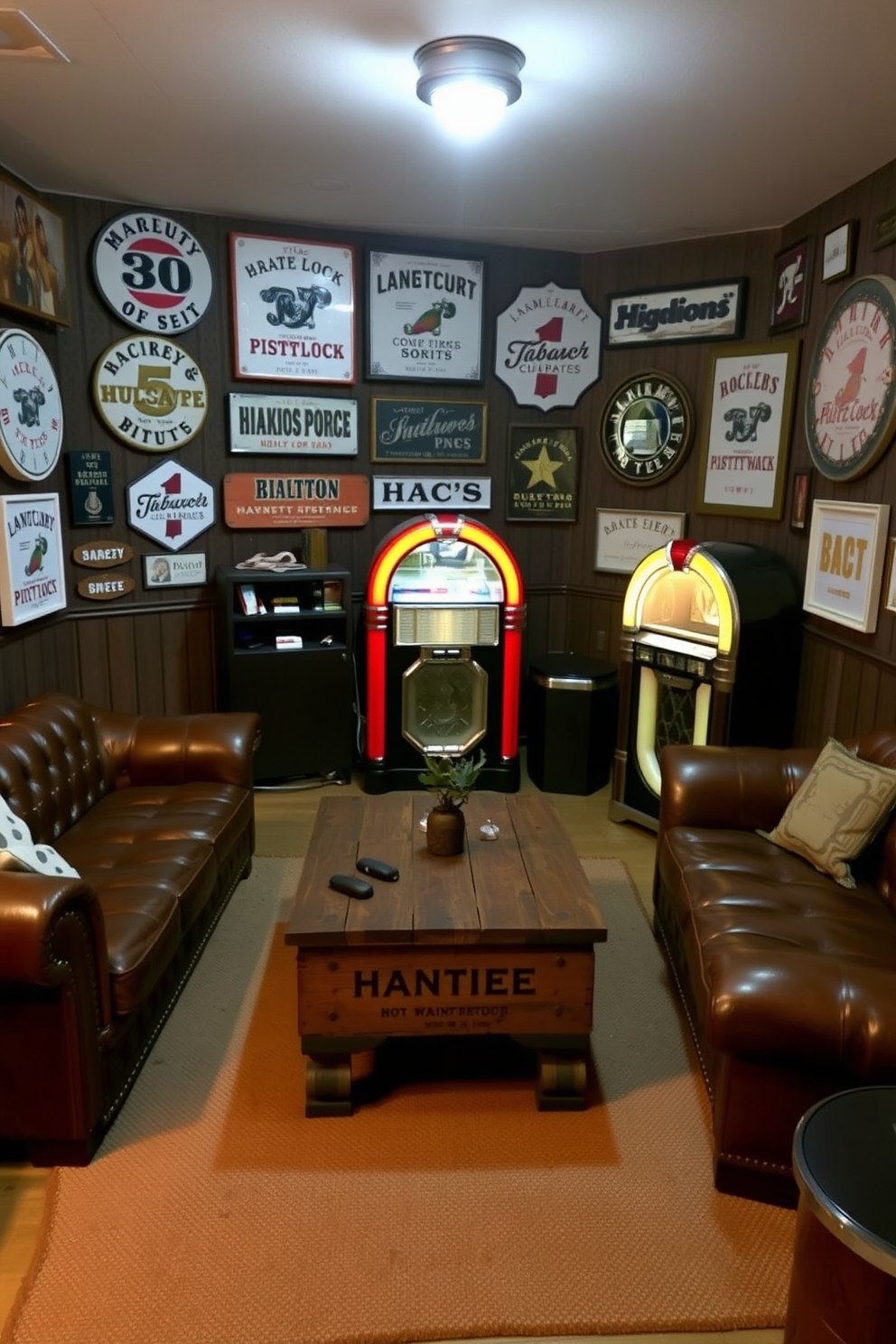 A cozy man cave featuring white vintage signs that evoke a sense of nostalgia. The space includes a plush leather sofa, a rustic wooden coffee table, and a vintage jukebox in the corner. The walls are adorned with various white vintage signs, adding character and charm to the room. Soft ambient lighting enhances the relaxed atmosphere, making it a perfect retreat for entertaining friends.