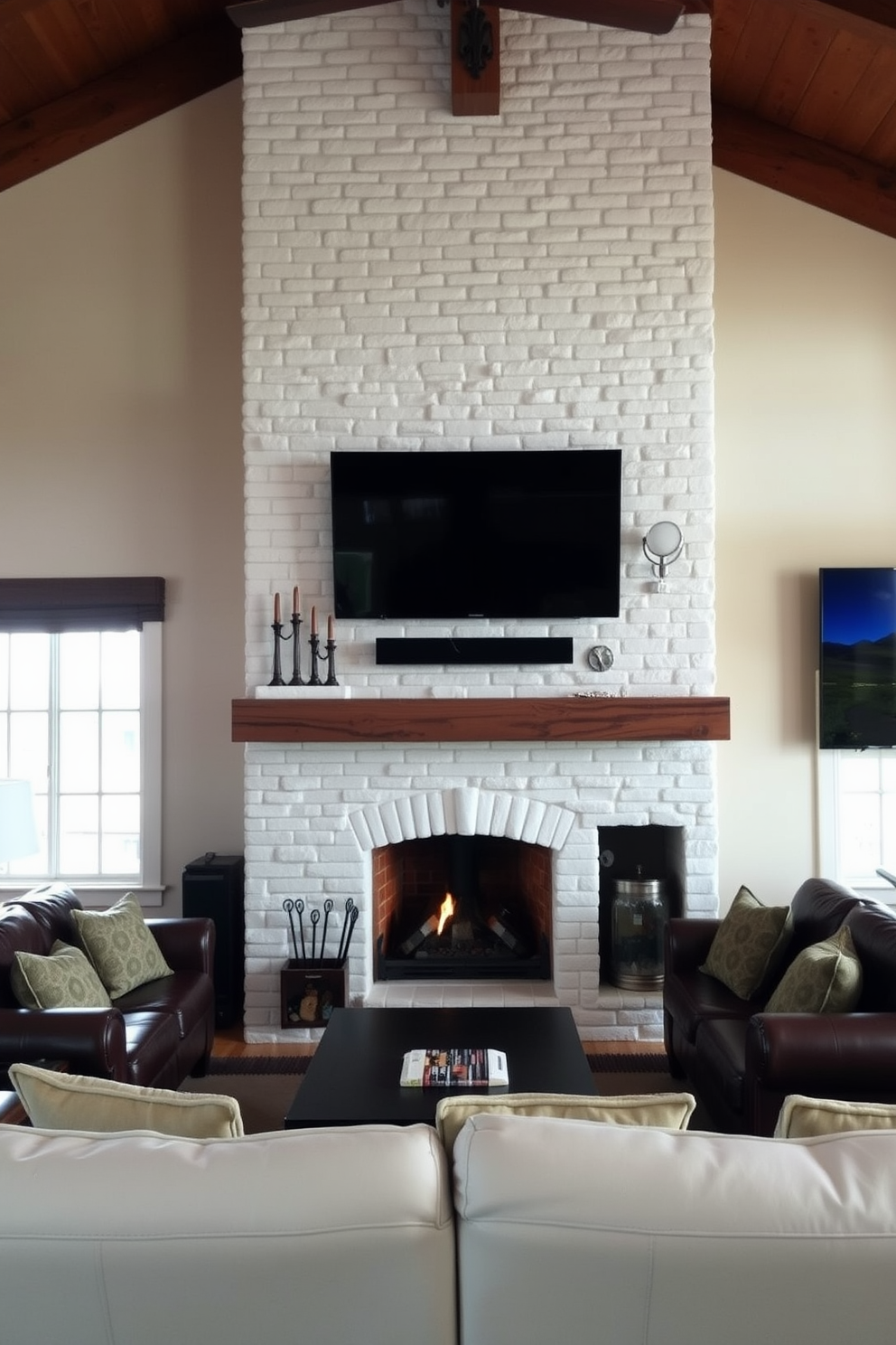 A white stone fireplace serves as the focal point for a cozy living space. The surrounding area features comfortable leather seating and warm wood accents to enhance the inviting atmosphere. The man cave is designed with a blend of rustic charm and modern amenities. Plush seating, a large flat-screen TV, and a well-stocked bar create the perfect environment for relaxation and entertainment.