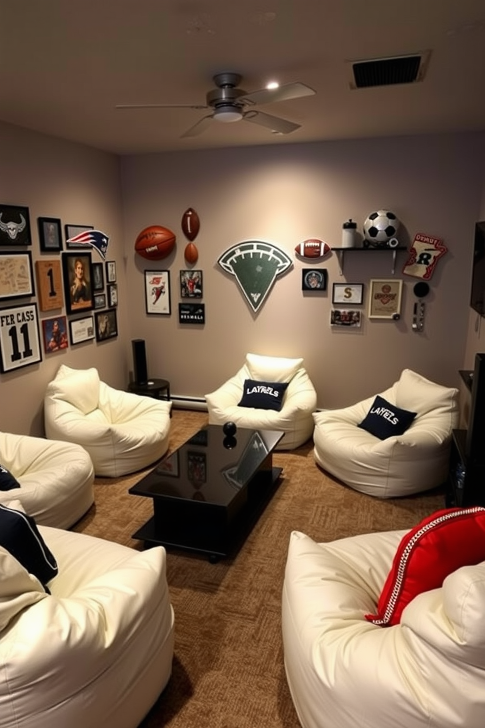 A stylish man cave featuring contemporary white bean bag chairs arranged around a sleek coffee table. The walls are adorned with sports memorabilia and the lighting is dim, creating a cozy atmosphere perfect for relaxation and entertainment.