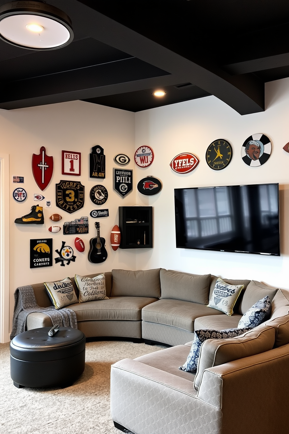 A stylish man cave featuring a white accent wall adorned with various sports memorabilia. The space includes a comfortable sectional sofa and a large flat-screen TV for the ultimate viewing experience.