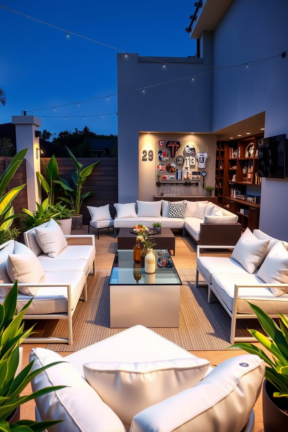 A stylish patio space featuring white outdoor furniture arranged around a glass-top table. The seating includes plush white cushions and is surrounded by vibrant green plants and soft ambient lighting. A cozy man cave designed with a modern aesthetic in mind. The space includes a large sectional sofa, a sleek coffee table, and a wall-mounted entertainment center adorned with sports memorabilia.