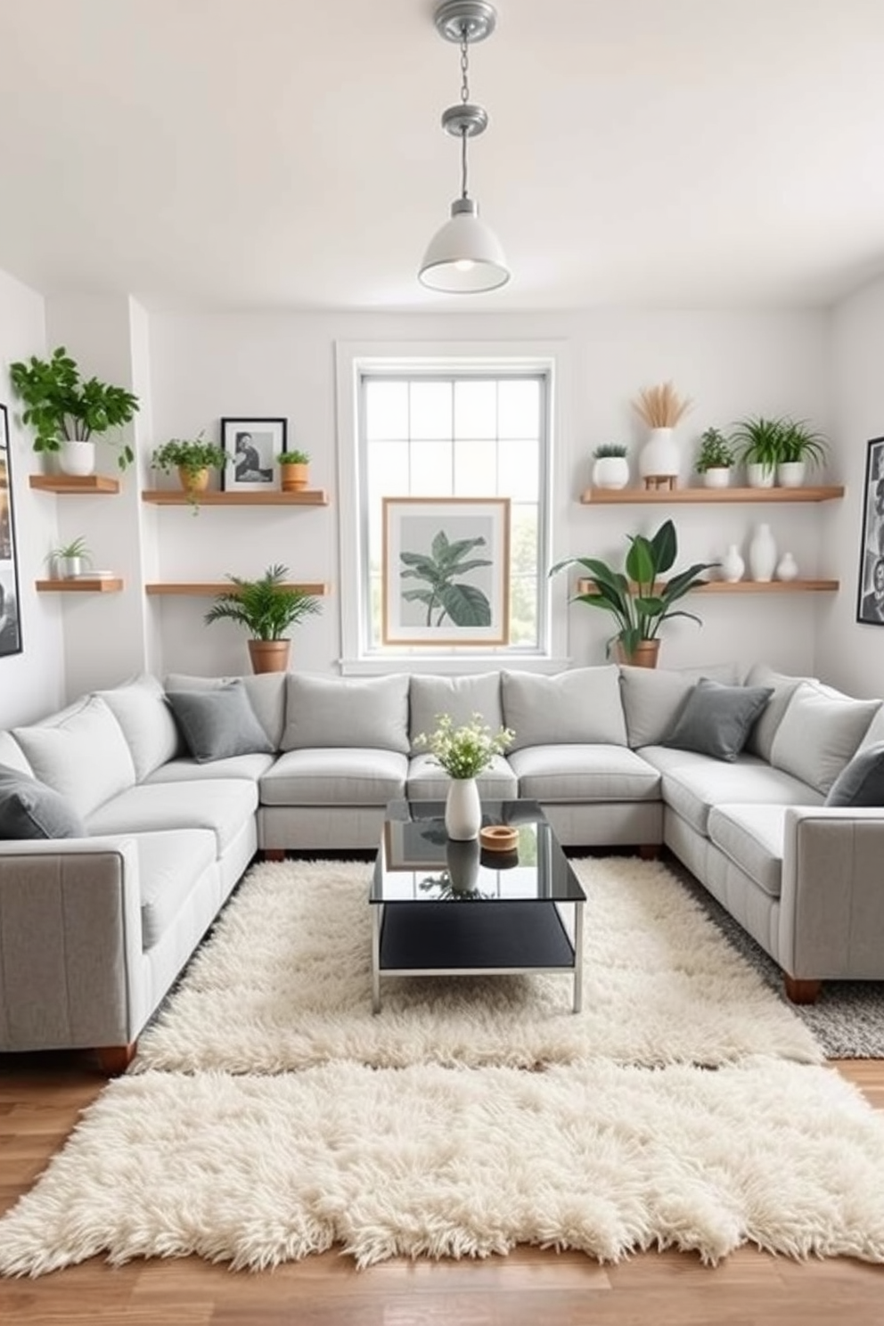 A bright and airy man cave featuring a comfortable sectional sofa in a light gray fabric. The walls are adorned with framed artwork and shelves displaying vibrant plants and bright white decorative vases. A sleek coffee table sits in the center, surrounded by plush area rugs that add warmth to the space. Soft lighting fixtures hang above, creating an inviting atmosphere perfect for relaxation and entertainment.