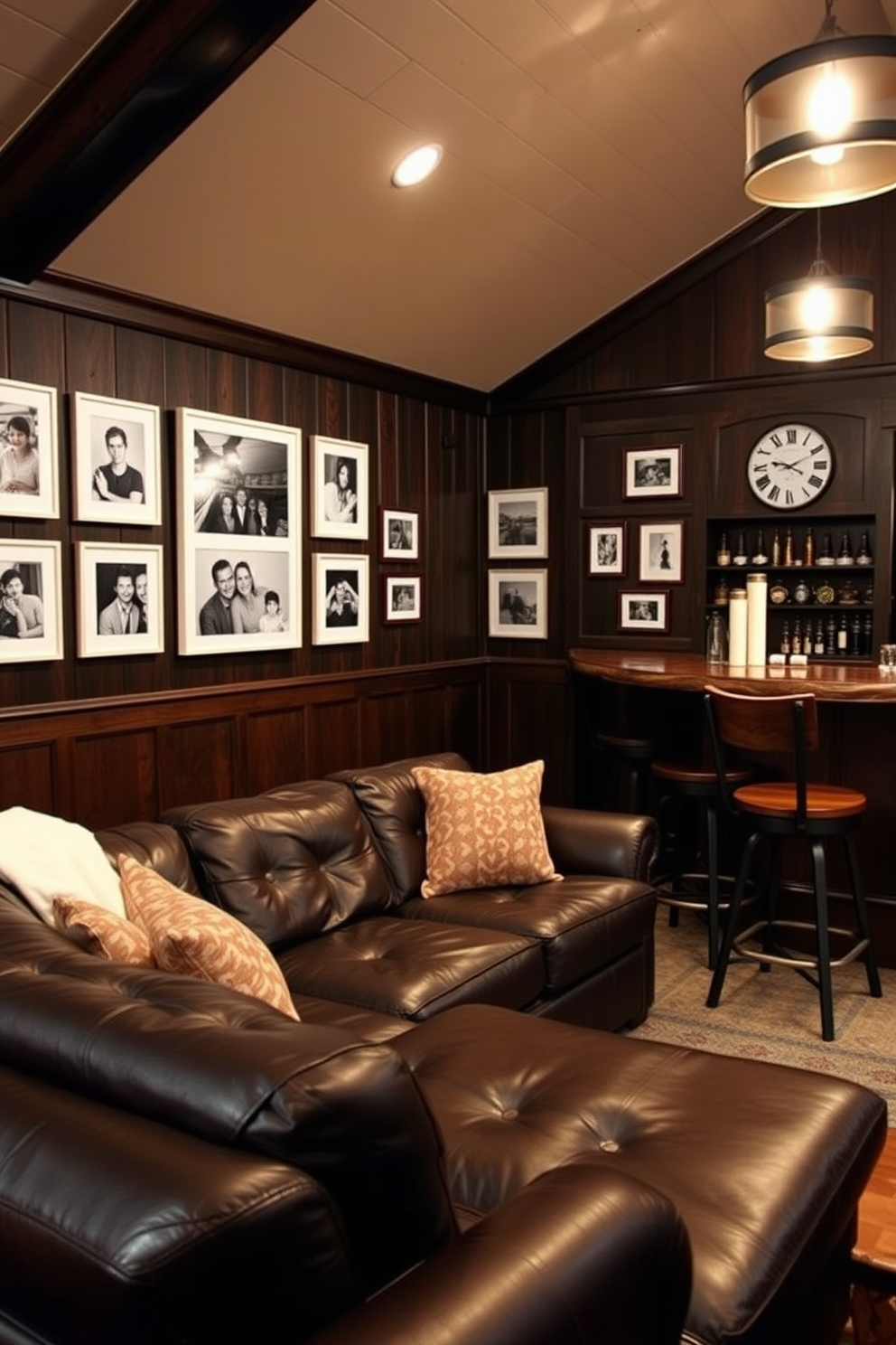 A cozy man cave featuring dark wood paneling and a plush leather sectional sofa. The walls are adorned with white framed photographs of memorable moments, adding a personal touch to the space. In one corner, a rustic wooden bar with high stools invites relaxation and entertainment. Soft lighting from stylish pendant fixtures creates a warm and inviting atmosphere.