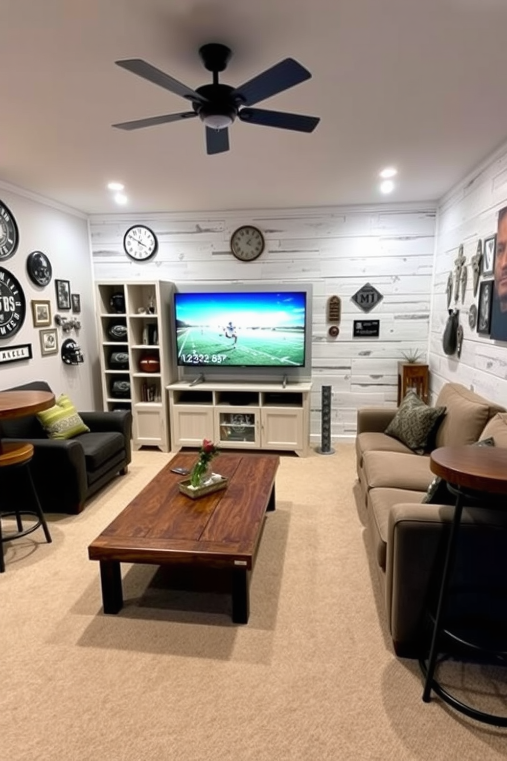 A stylish man cave featuring a white reclaimed wood accent wall that adds warmth and texture to the space. The room is furnished with a plush sectional sofa, a rustic coffee table, and a large flat-screen TV mounted above a sleek entertainment unit. Soft ambient lighting creates a cozy atmosphere, while vintage sports memorabilia adorns the walls. A small bar area with high stools complements the design, making it the perfect spot for relaxation and entertainment.