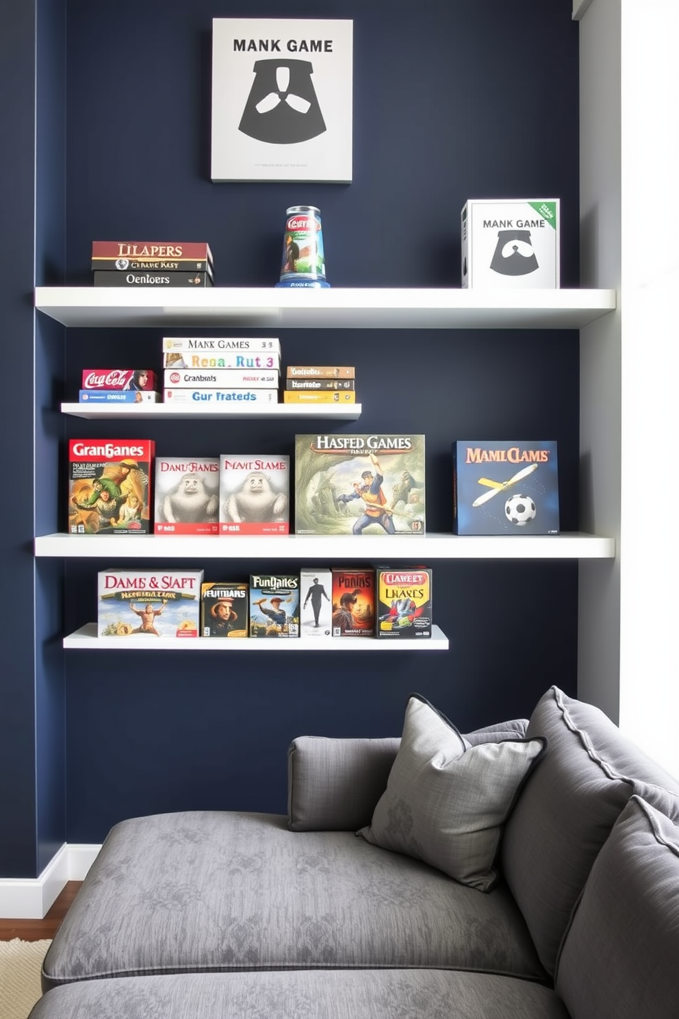 A stylish man cave featuring white board games displayed on sleek, modern shelves. The walls are painted a deep navy blue, and a comfortable sectional sofa in gray upholstery invites relaxation.