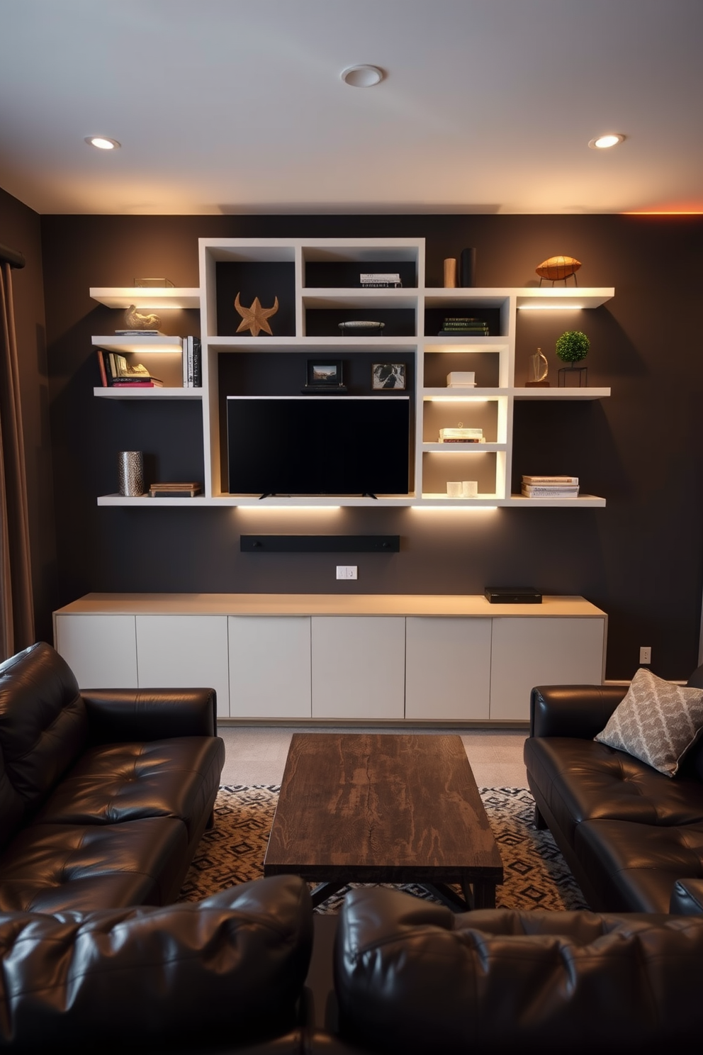 A minimalist white shelving unit is mounted on the wall, displaying a curated selection of decorative items and books. The shelves are arranged in an asymmetrical pattern, creating visual interest while maintaining a clean aesthetic. The man cave features deep leather seating, a rustic wooden coffee table, and a large flat-screen TV mounted above a sleek console. Warm lighting and dark accent walls enhance the cozy and inviting atmosphere, making it the perfect space for relaxation and entertainment.