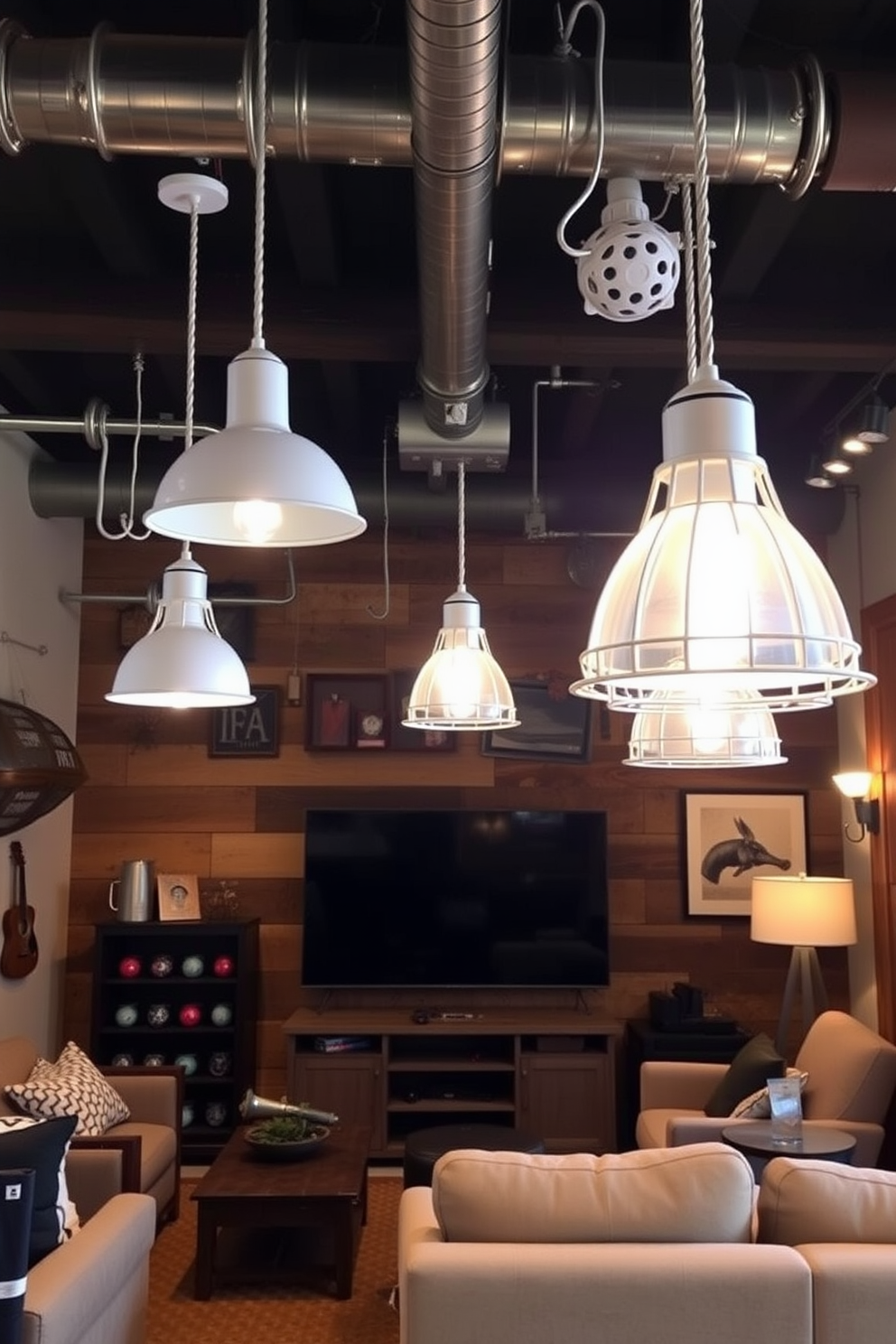 A stylish man cave featuring white industrial-style metal light fixtures that hang from the ceiling, casting a warm glow over the room. The space is designed with a mix of comfortable seating, a large flat-screen TV, and rustic wooden accents to create a cozy yet modern atmosphere.