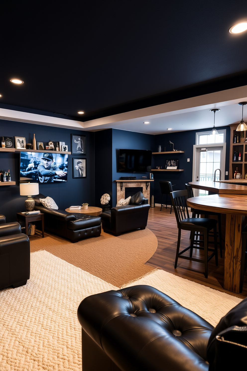 A cozy man cave featuring textured white area rugs that provide comfort and warmth. The space is adorned with dark leather furniture, a large flat-screen TV, and ambient lighting to create a relaxed atmosphere. The walls are painted in a deep navy blue, complemented by rustic wooden shelves displaying collectibles and memorabilia. A stylish bar area with high stools and a reclaimed wood countertop adds an inviting touch to the overall design.