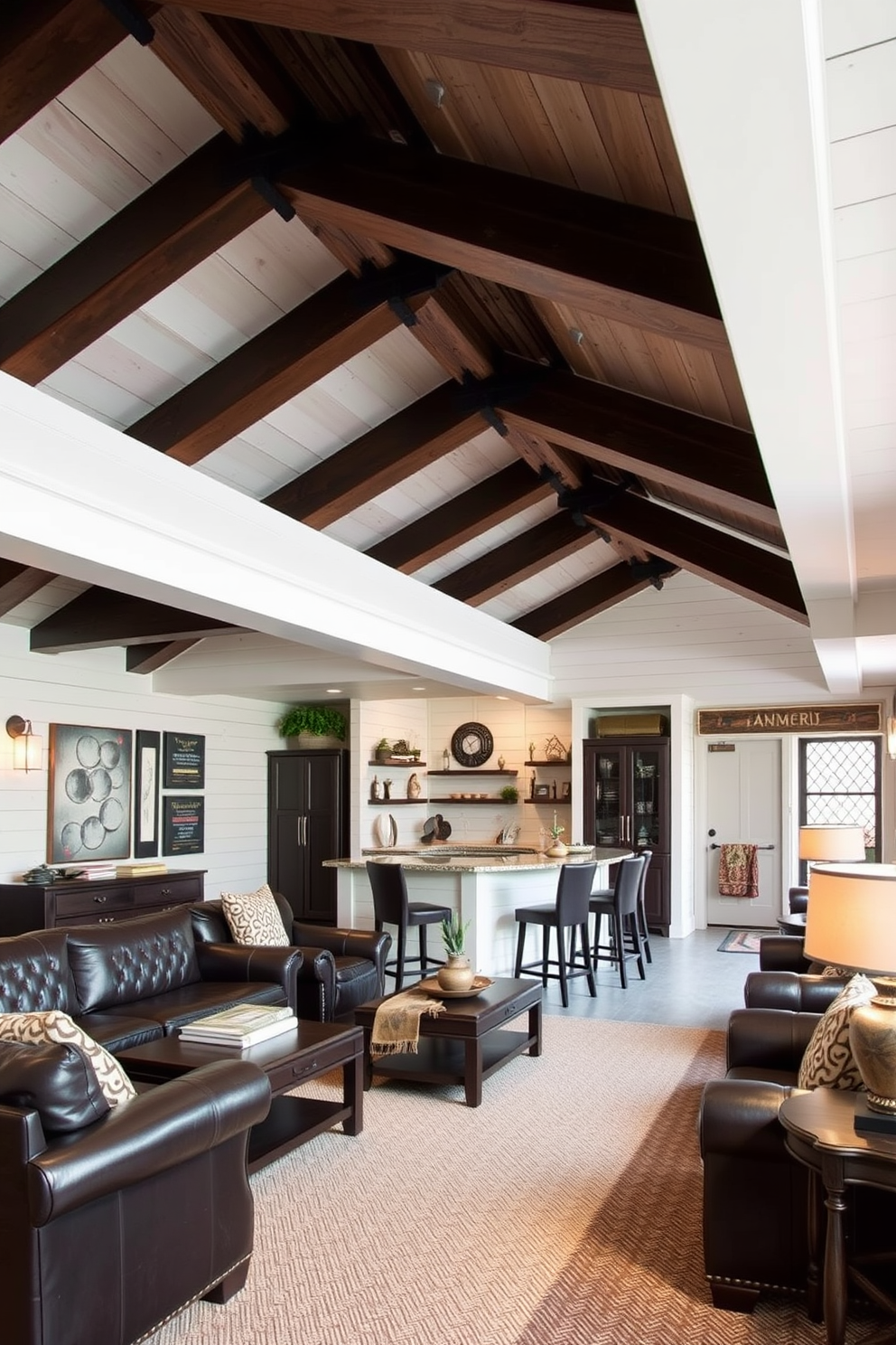 A stylish man cave designed with a crisp white ceiling featuring exposed wooden beams. The space is filled with comfortable leather seating, a custom-built bar area, and rustic decor elements that create a warm and inviting atmosphere.