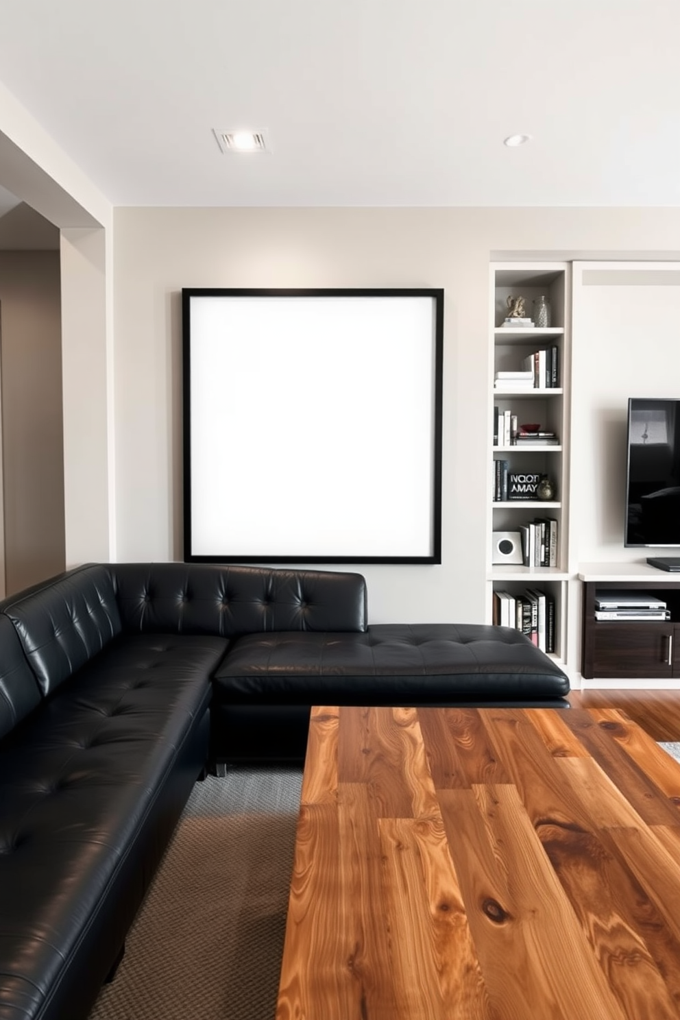 A bright white artwork is displayed prominently on the wall, framed in a bold black frame that adds contrast and sophistication. The artwork is complemented by a sleek leather sofa in deep navy, creating a stylish and inviting atmosphere in the man cave. The space features a modern coffee table made of reclaimed wood, adding warmth and texture to the room. A large flat-screen TV is mounted on the opposite wall, framed by custom built-in shelves filled with books and decorative items.