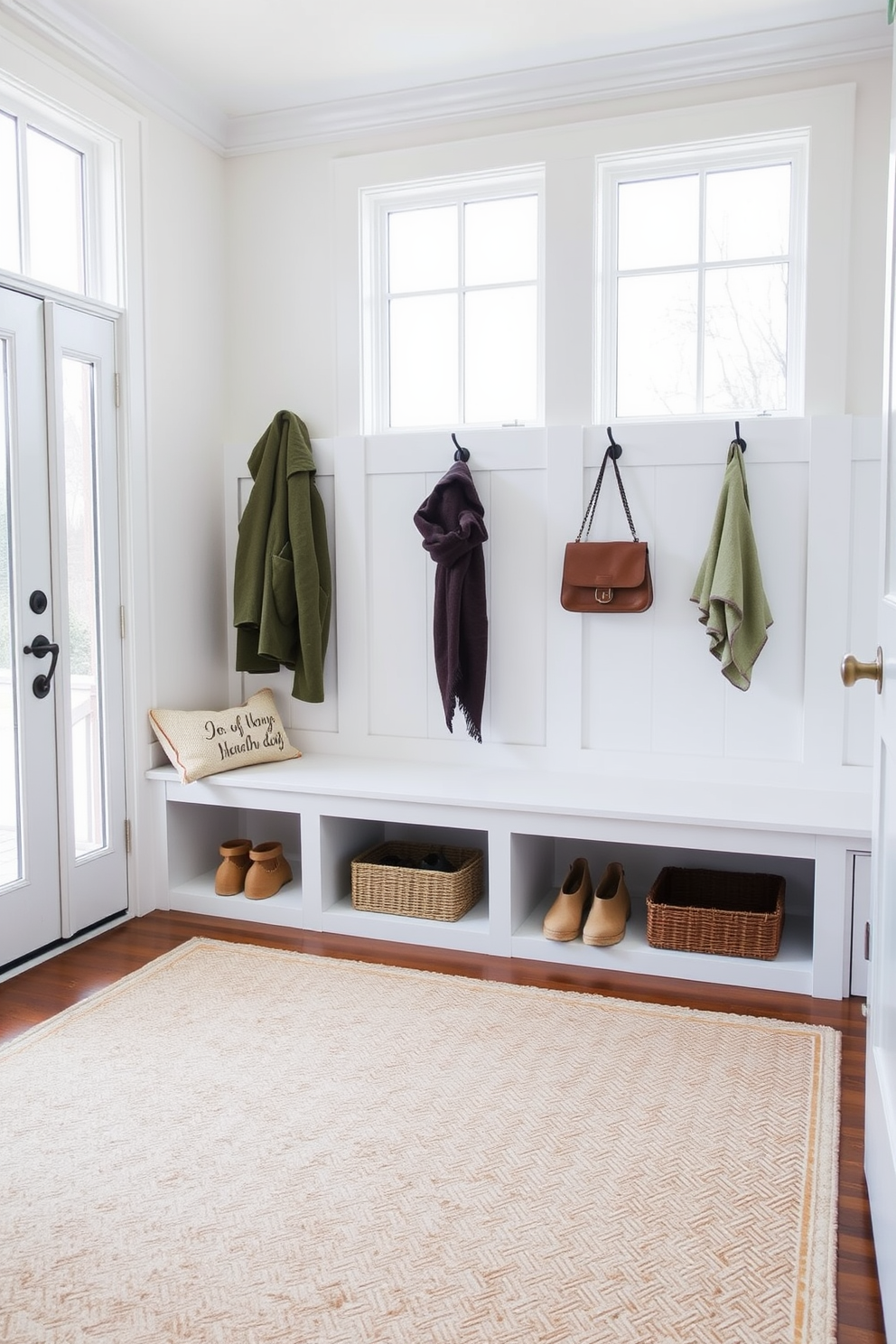 Cozy area rug to define the space. The rug features a soft texture and a warm color palette that complements the surrounding decor. White mudroom design ideas. The space includes built-in benches with storage beneath and hooks for coats, all accented by bright natural light from large windows.