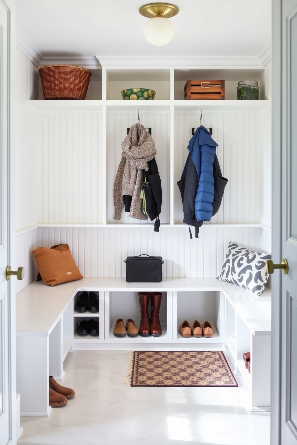 A bright and inviting mudroom features white beadboard wainscoting that adds texture and charm to the space. The room is designed with built-in benches and cubbies for storage, creating an organized area for shoes and outdoor gear.