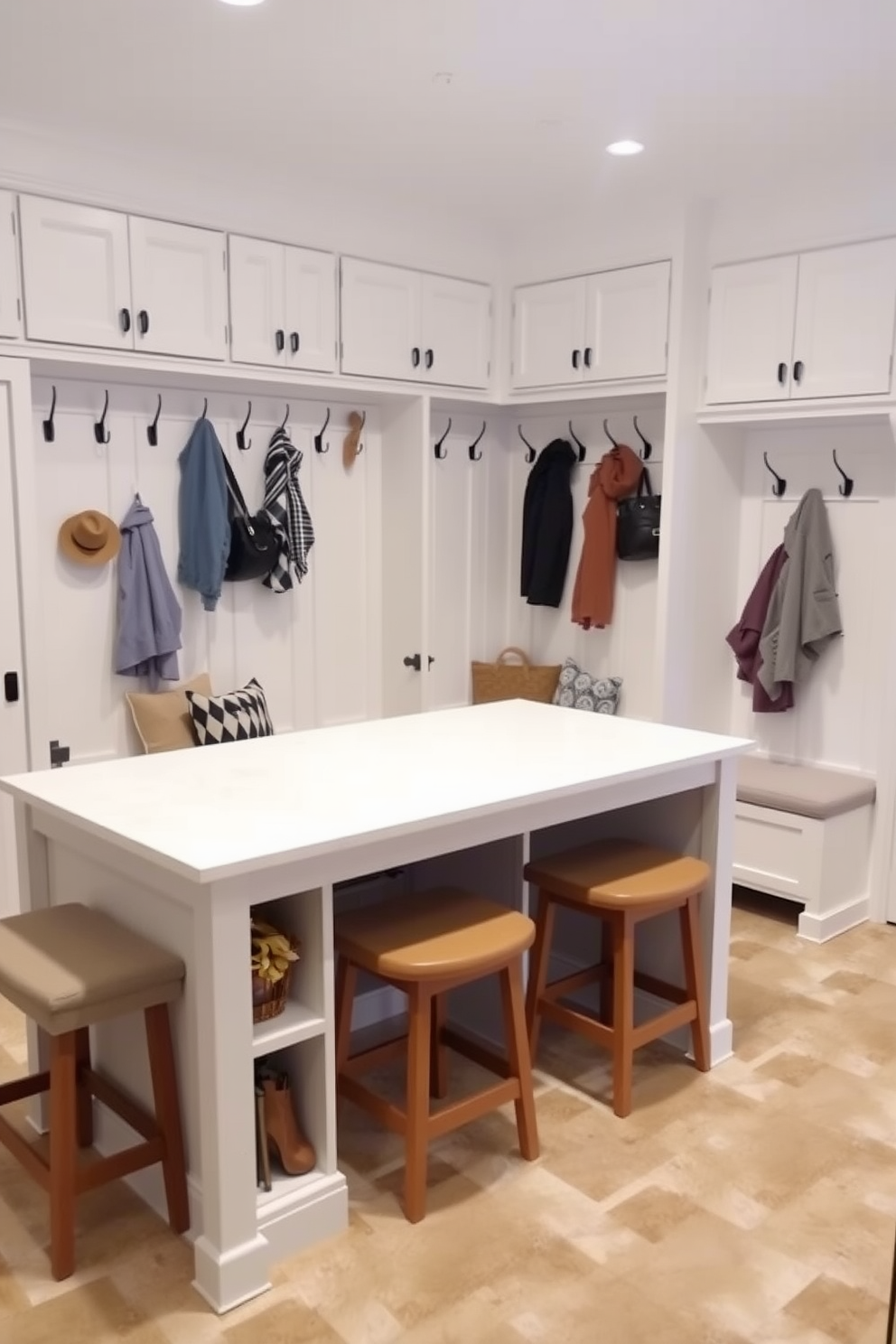 A functional mudroom island designed for extra seating features a spacious white countertop with built-in storage beneath. The island is surrounded by comfortable stools, and the walls are adorned with hooks for coats and a bench for convenience. The overall design incorporates a light color palette, with soft white cabinetry and natural wood accents. The floor is covered in durable tile that complements the airy atmosphere of the mudroom.