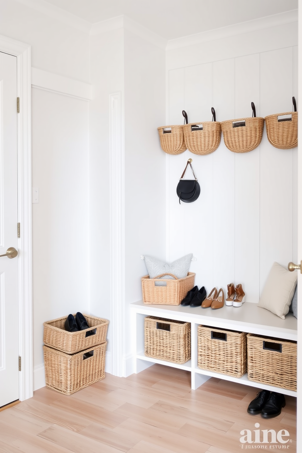 A white mudroom featuring decorative baskets for stylish organization. The walls are painted in a crisp white, and the flooring consists of light wood planks. In one corner, a row of woven baskets neatly stores shoes and accessories. A bench with soft cushions sits against the wall, providing a cozy spot to sit while putting on or taking off footwear.