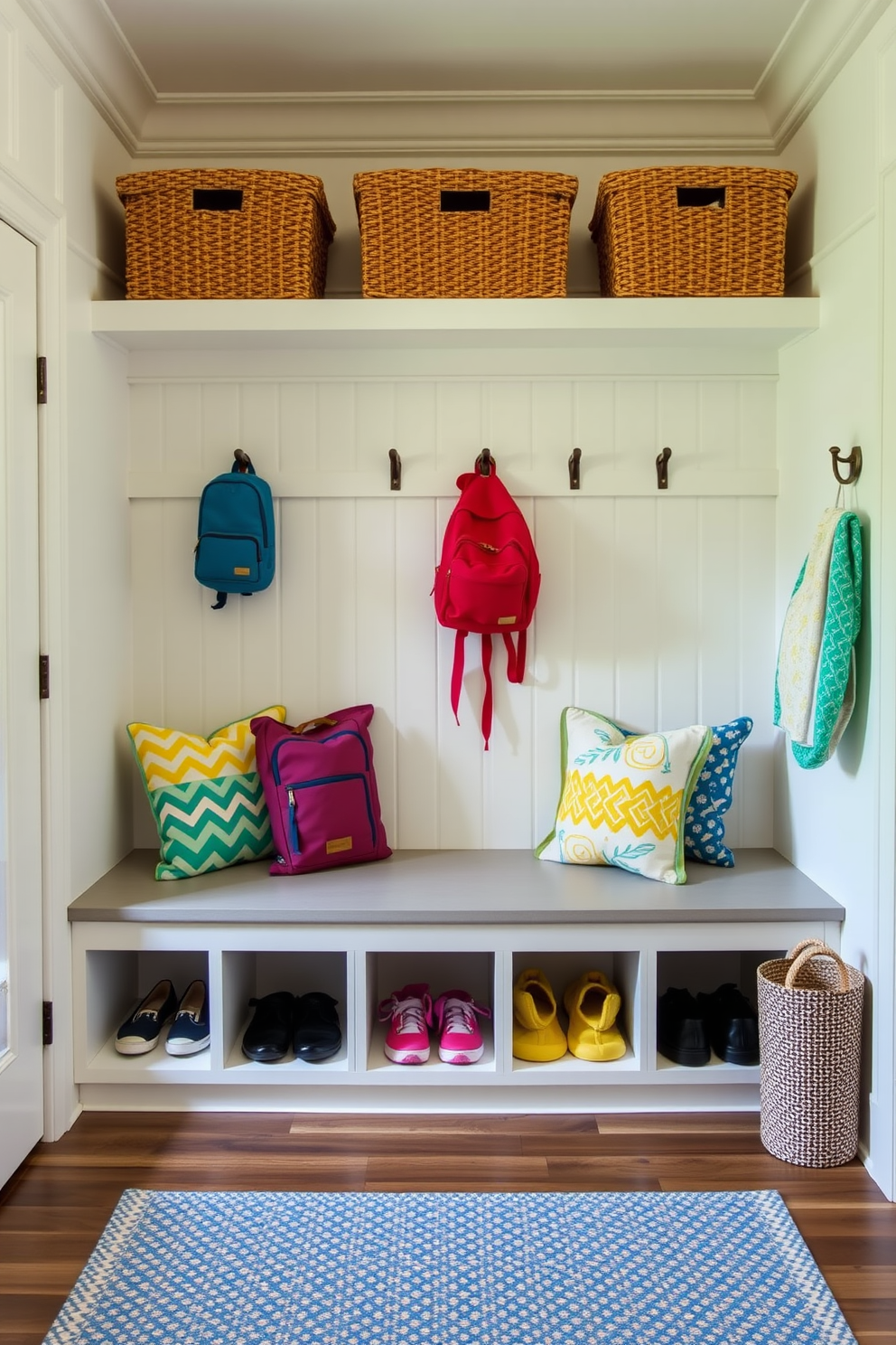 A bright and cheerful mudroom designed for children features cubbies for shoes and backpacks. The walls are painted in a soft white, complemented by a light gray bench with colorful cushions for added comfort.