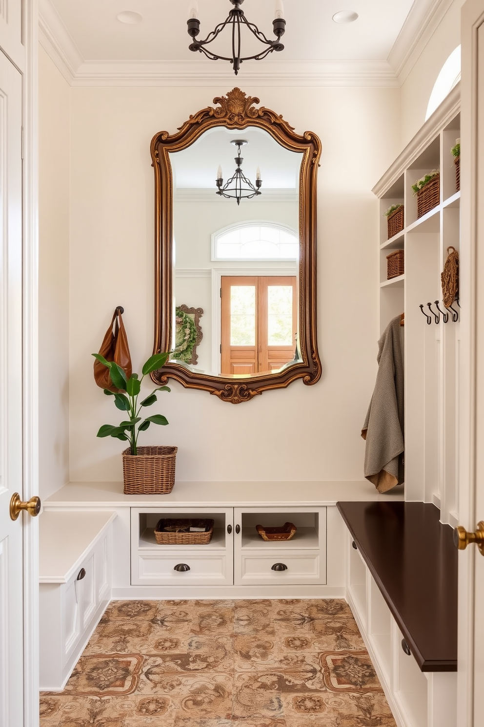 An elegant mudroom design featuring a spacious layout with built-in storage benches and hooks for coats. The focal point is a large, ornate mirror that enhances depth and reflects natural light, creating an inviting atmosphere. The walls are painted in a soft, neutral color, complemented by a durable, patterned tile floor. Stylish baskets are placed on the shelves, and potted plants add a touch of greenery to the space.