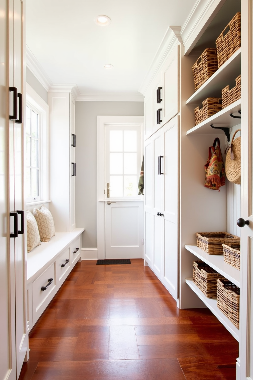 A stylish mudroom features white cabinetry with sleek black hardware that creates a striking contrast. The space includes a built-in bench with cushions and hooks for hanging coats, enhancing both functionality and aesthetics. Natural light floods the room through a large window, illuminating the polished wood floor. Decorative baskets are neatly arranged on shelves, providing organized storage while adding texture to the design.