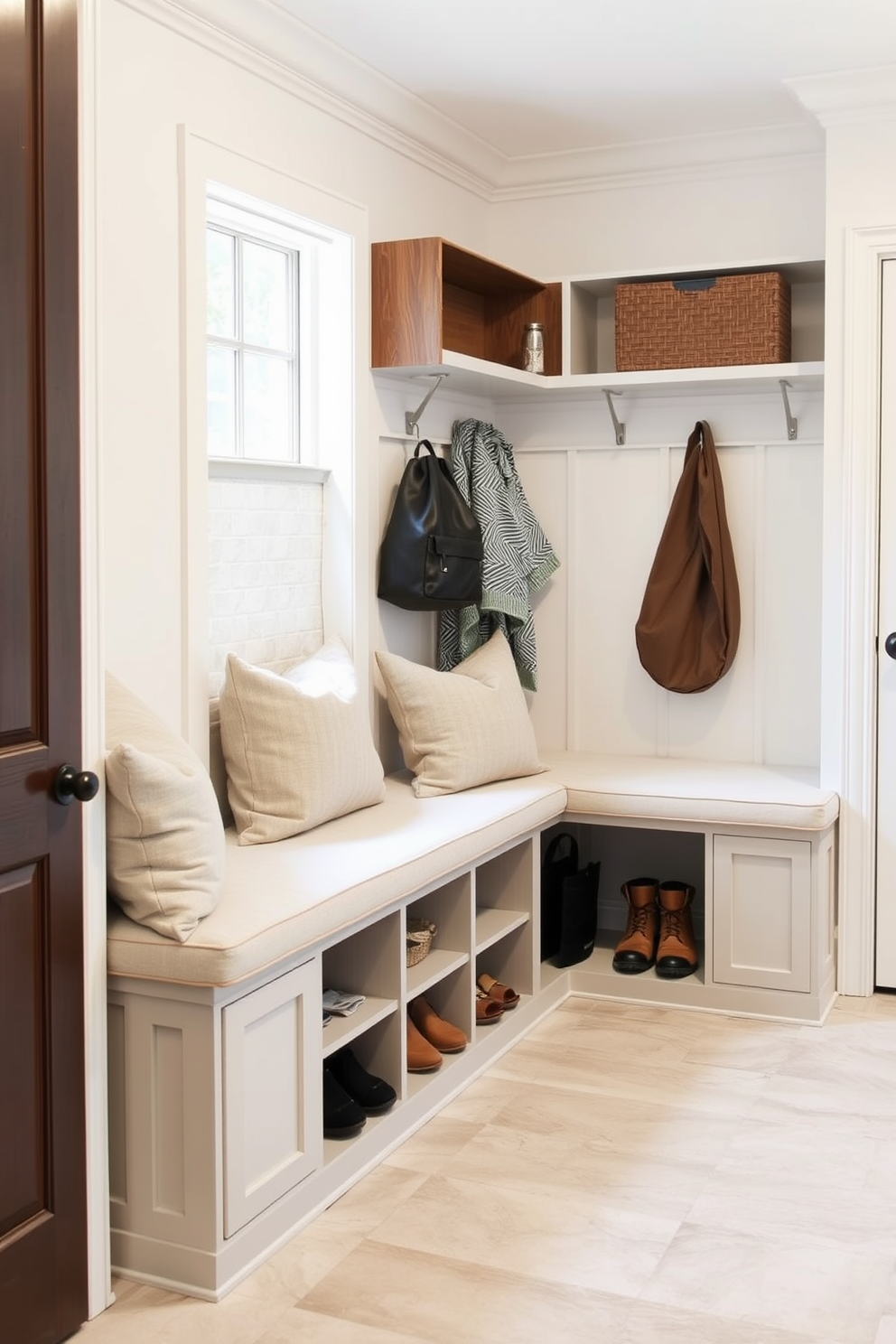 Padded bench seating creates a welcoming and functional space in the mudroom. The design features soft cushions in a neutral fabric, complemented by built-in storage cubbies for shoes and bags. The walls are painted in a light, airy color to enhance brightness and openness. Durable flooring options, such as tile or luxury vinyl, provide practicality while adding to the overall aesthetic.