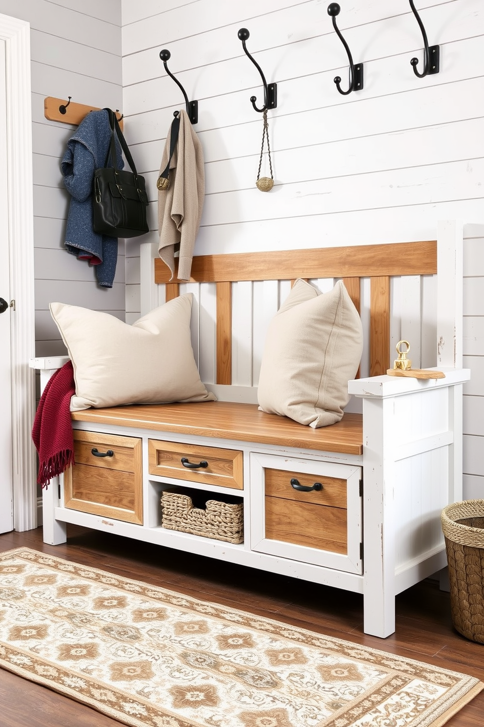 Elegant farmhouse bench with storage drawers. The bench features a distressed white finish with natural wood accents and is adorned with plush cushions in muted tones. The mudroom is designed with shiplap walls painted in soft gray, complemented by rustic hooks for coats and bags. A patterned rug lies beneath the bench, adding warmth and texture to the space.