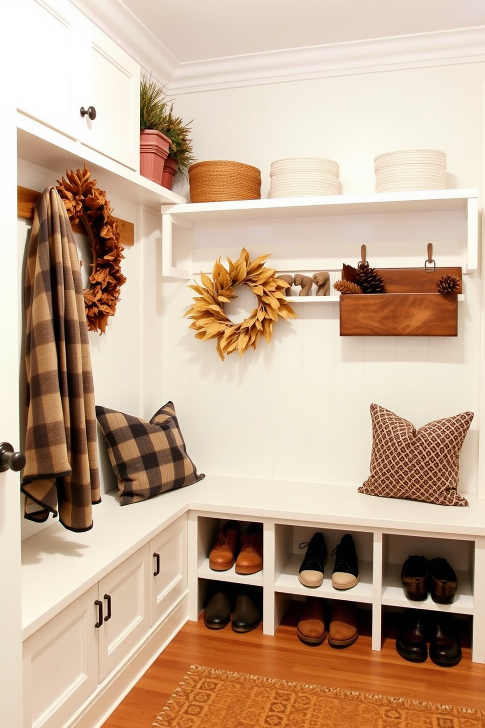 Seasonal decor to personalize the space. Incorporate warm tones and natural elements like pinecones and dried leaves to create a cozy atmosphere. White mudroom design ideas. Use built-in benches with storage underneath and open shelving for easy access to shoes and accessories.