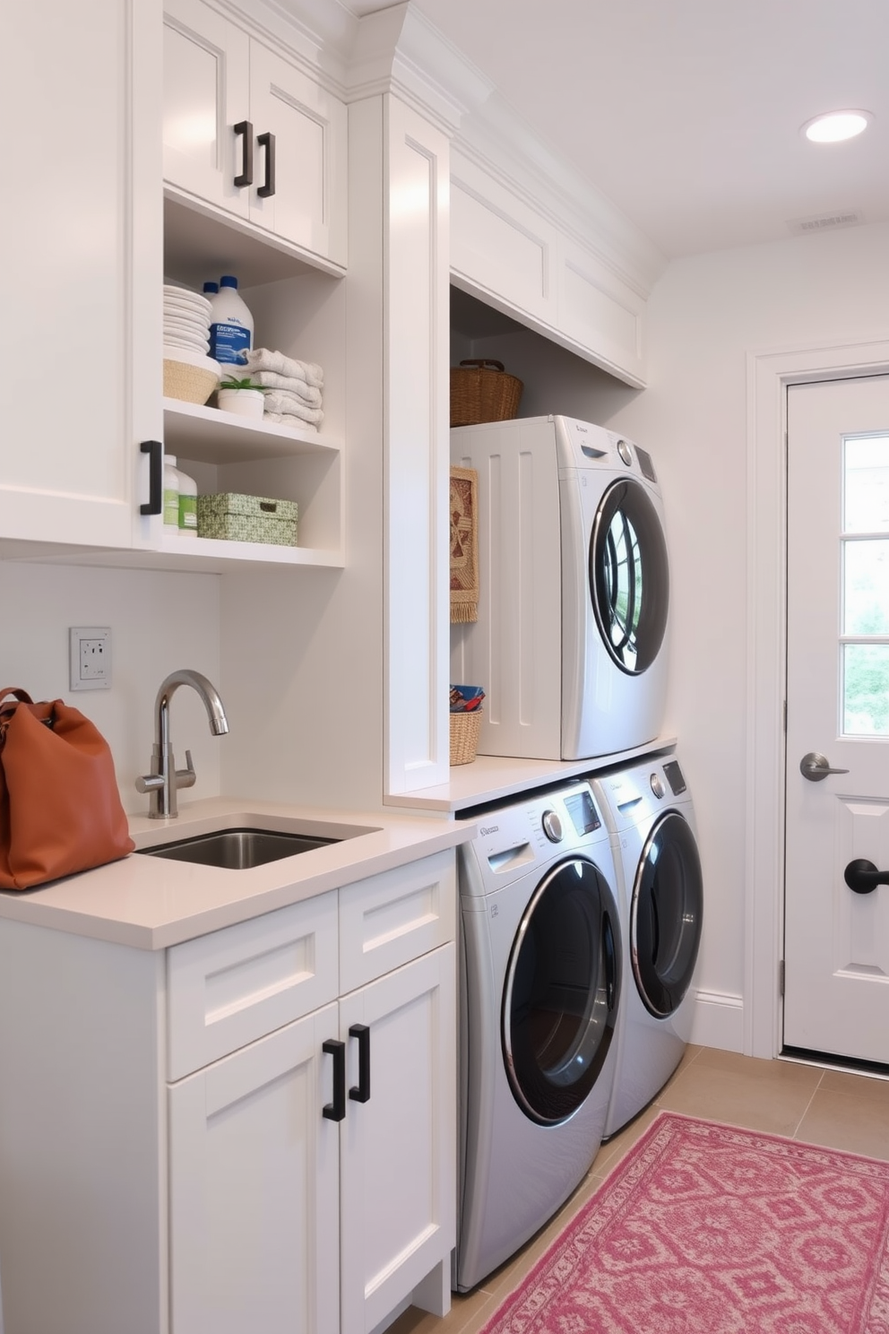 A functional laundry area within the mudroom features built-in cabinetry that provides ample storage for cleaning supplies and laundry essentials. The space includes a sleek countertop for folding clothes and a modern washer and dryer stacked for efficiency. The walls are painted in a soft white hue, creating a bright and airy atmosphere. A durable tile floor in a neutral tone adds practicality while a decorative rug brings warmth to the space.