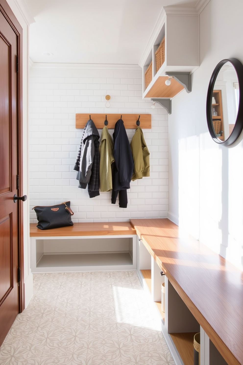 A bright mudroom featuring a white tile backsplash that enhances the clean and airy aesthetic. The space includes built-in wooden benches with storage underneath and hooks for hanging coats, creating a functional yet stylish entryway.