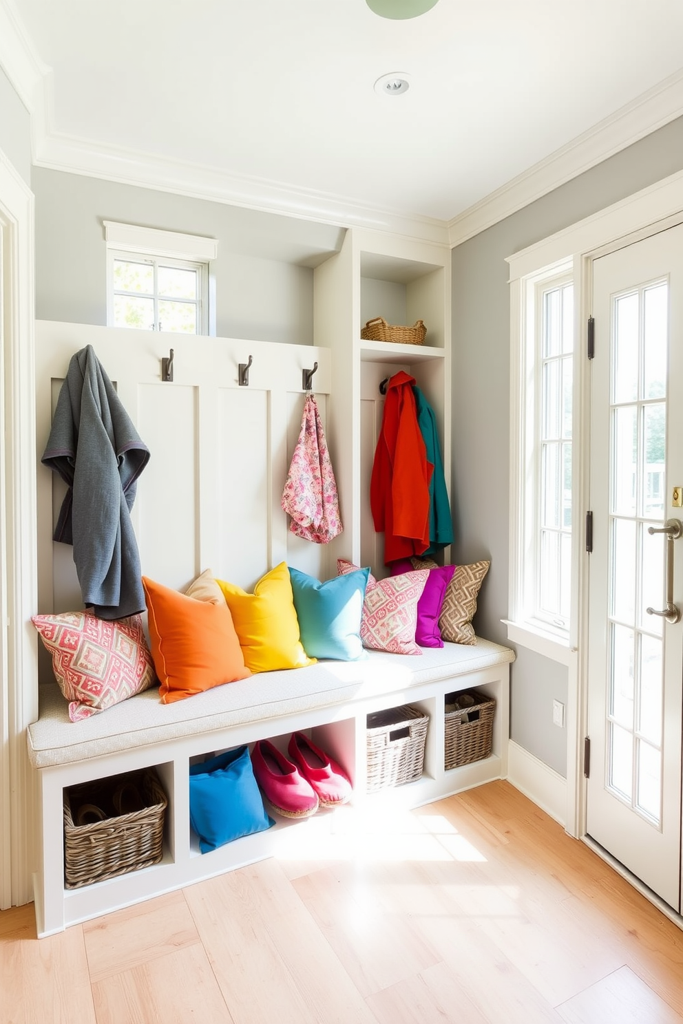 Colorful cushions arranged on a cozy bench in a bright mudroom create a welcoming atmosphere. The walls are painted in a soft gray, and the floor features light hardwood, enhancing the vibrant hues of the cushions. A functional mudroom design incorporates built-in storage with hooks for coats and baskets for shoes. Large windows allow natural light to flood the space, making it feel airy and inviting.