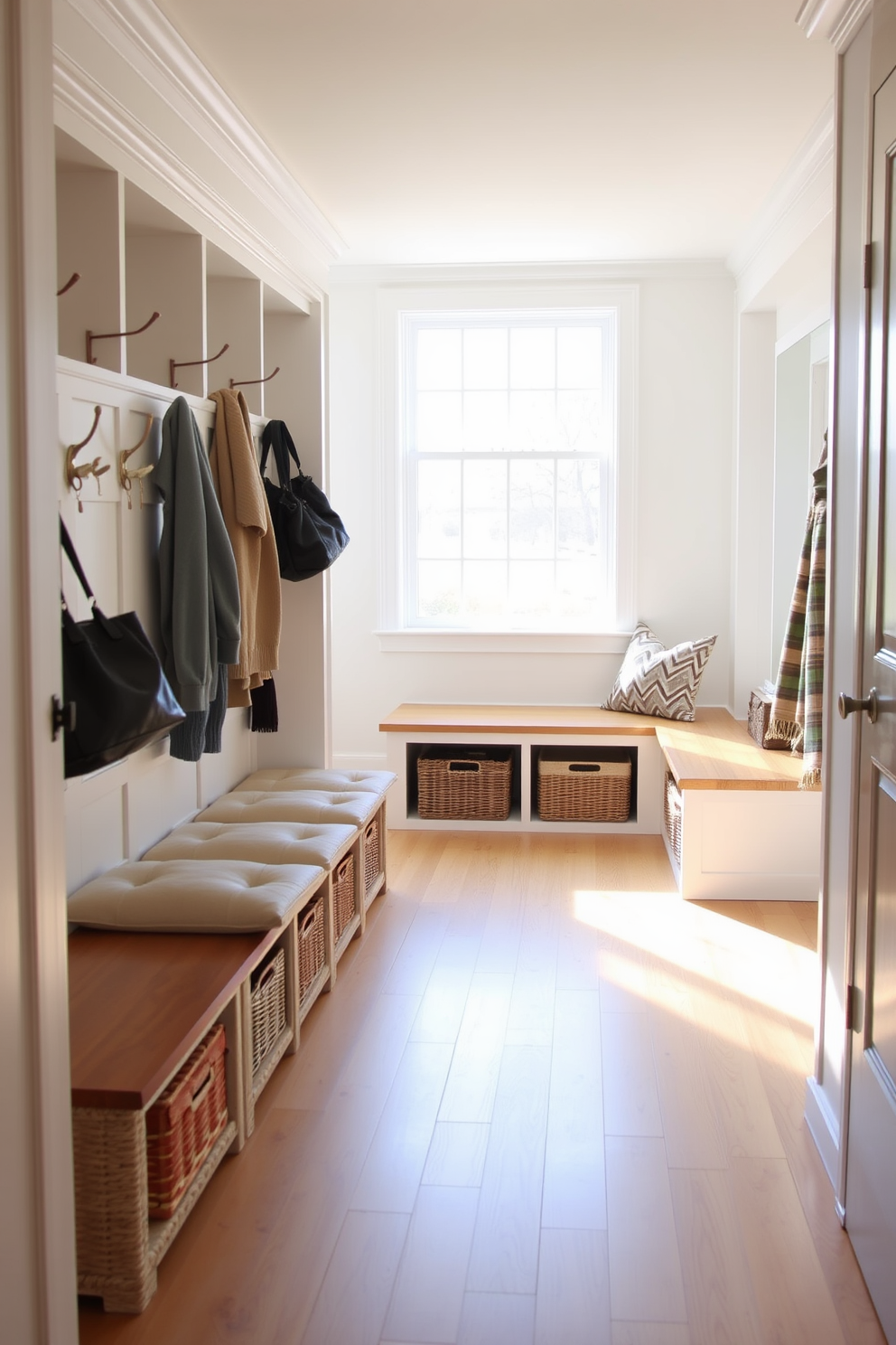 Light hardwood flooring creates a warm and inviting atmosphere in the mudroom. The space features built-in wooden benches with soft cushions and hooks for hanging coats and bags. A large window allows natural light to flood in, enhancing the bright and airy feel. The walls are painted in a soft white, complemented by decorative storage baskets for organization.