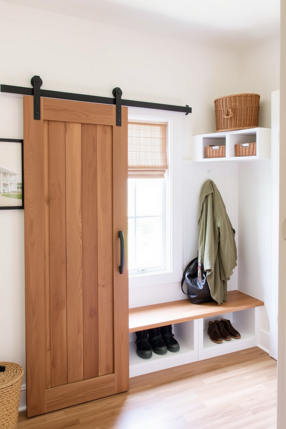 A charming mudroom features a sliding barn door that adds a rustic touch while saving space. The walls are painted in a soft white, complemented by natural wood accents and built-in storage for shoes and coats.