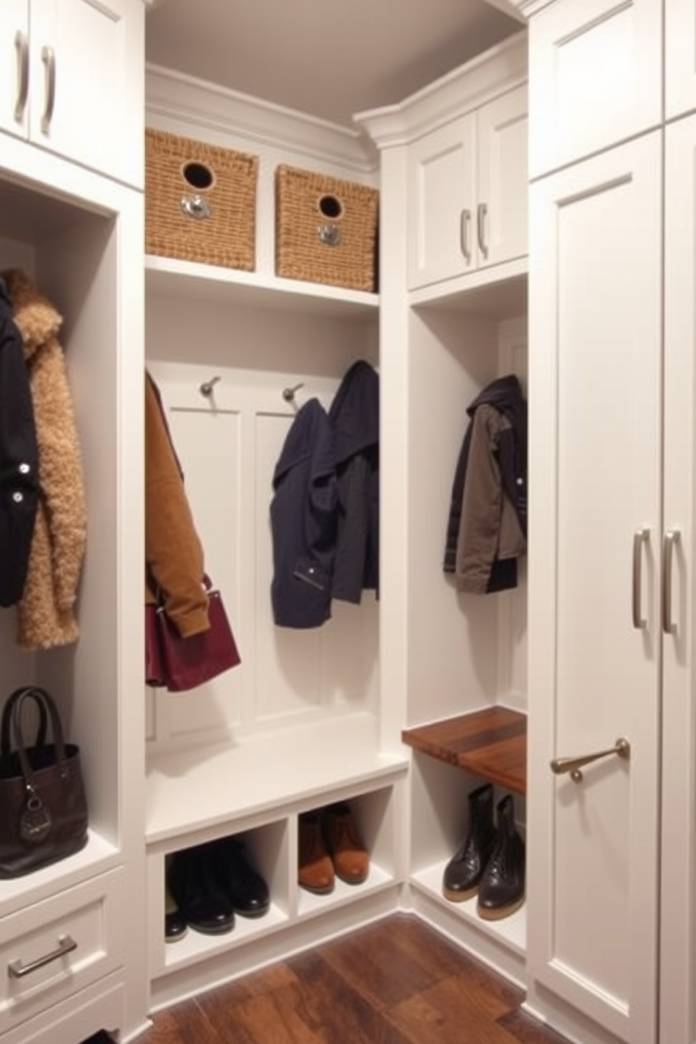 A stylish mudroom featuring built-in cabinetry designed for organized storage. The cabinetry is finished in a soft white hue with sleek hardware, providing ample space for coats, shoes, and accessories.