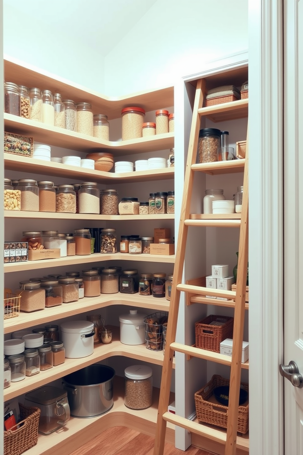 A bright and airy pantry featuring open shelving for easy access to kitchen essentials. The shelves are made of light wood, showcasing neatly organized jars and containers filled with grains, spices, and snacks. The walls are painted in a soft white hue, creating a clean and modern look. A stylish ladder leans against one side, allowing easy reach to the higher shelves while adding a decorative touch.