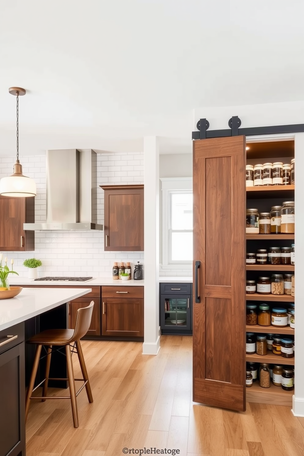 A modern kitchen featuring a white subway tile backsplash that contrasts beautifully with dark wooden cabinets. The space is illuminated by pendant lights hanging above a large island with barstool seating. Adjacent to the kitchen, a stylish pantry design showcases open shelving filled with neatly organized jars and containers. The pantry door is a classic barn style, adding rustic charm to the overall aesthetic.