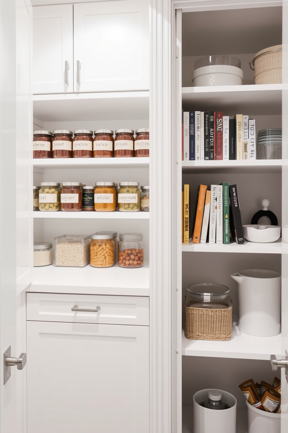 A modern white pantry features a combination of open shelving and closed cabinets for optimal storage. The open shelves display neatly arranged jars and cookbooks, while the closed cabinets keep clutter hidden and maintain a clean aesthetic.