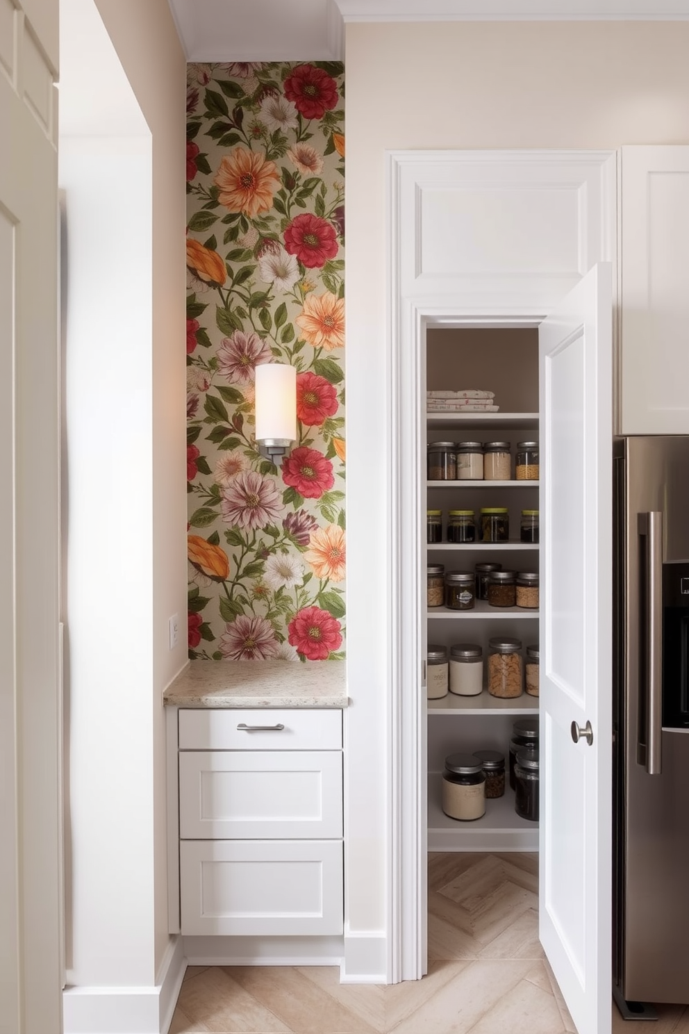 A stunning accent wall featuring a bold floral wallpaper that adds a touch of elegance to the room. The surrounding walls are painted in a soft neutral tone to create a harmonious balance. A spacious white pantry with sleek cabinetry that provides ample storage space. Open shelving displays neatly organized jars and containers, enhancing both functionality and style.