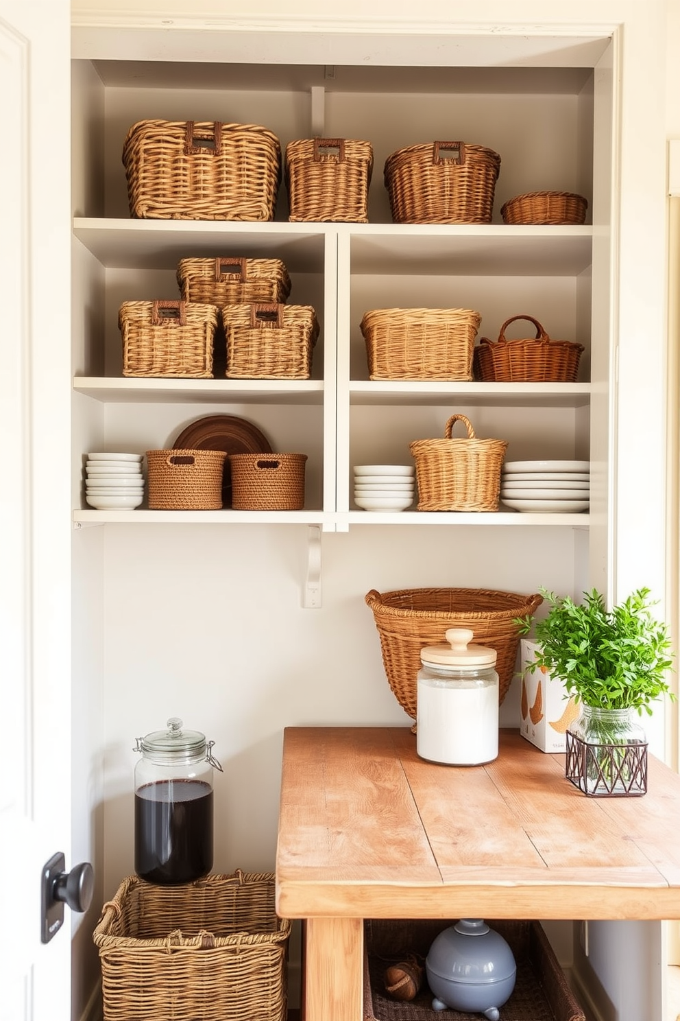 A warm and inviting pantry filled with decorative baskets that add a cozy touch. The baskets are woven in natural fibers and arranged neatly on open shelves, creating an organized yet homey feel. The walls of the pantry are painted in a soft cream color, enhancing the brightness of the space. A rustic wooden countertop provides a practical area for meal prep, complemented by stylish storage jars and fresh herbs in small pots.