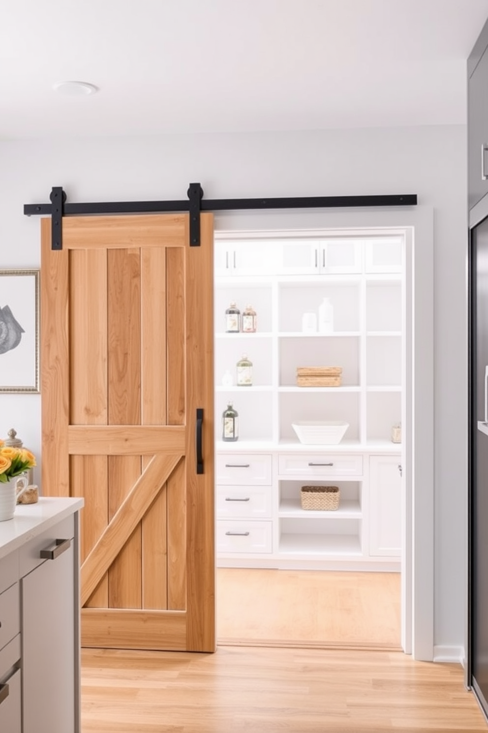 Sliding barn doors add a rustic charm to any space. They feature a natural wood finish that complements the surrounding decor. For the white pantry design, envision a bright and airy space with open shelving. The cabinetry is sleek and modern, creating a clean and organized look.