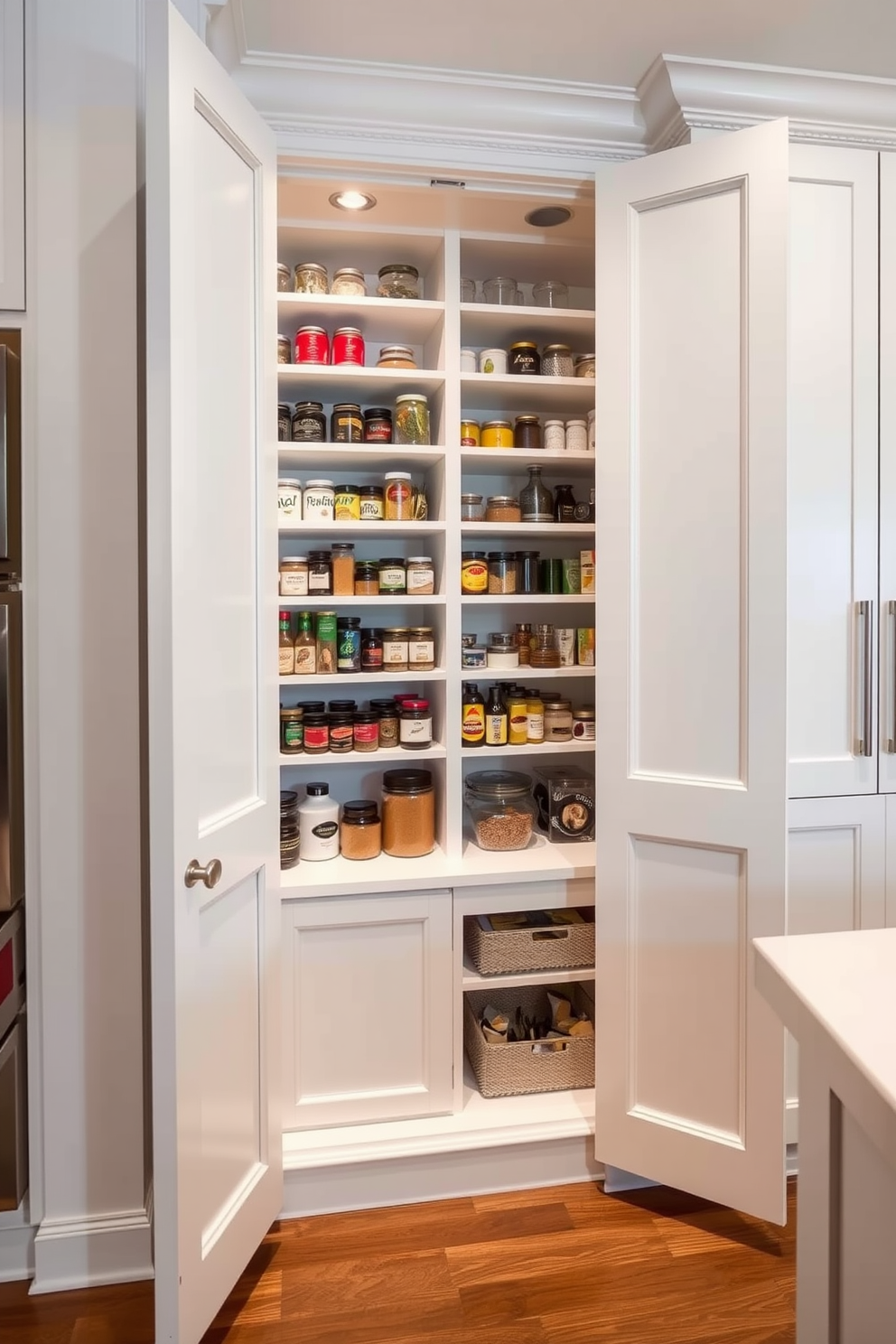 A hidden pantry seamlessly integrated behind elegant cabinet doors features a sleek white design that maximizes storage space. The interior showcases organized shelves filled with neatly arranged jars, spices, and dry goods, creating a clean and functional culinary oasis.