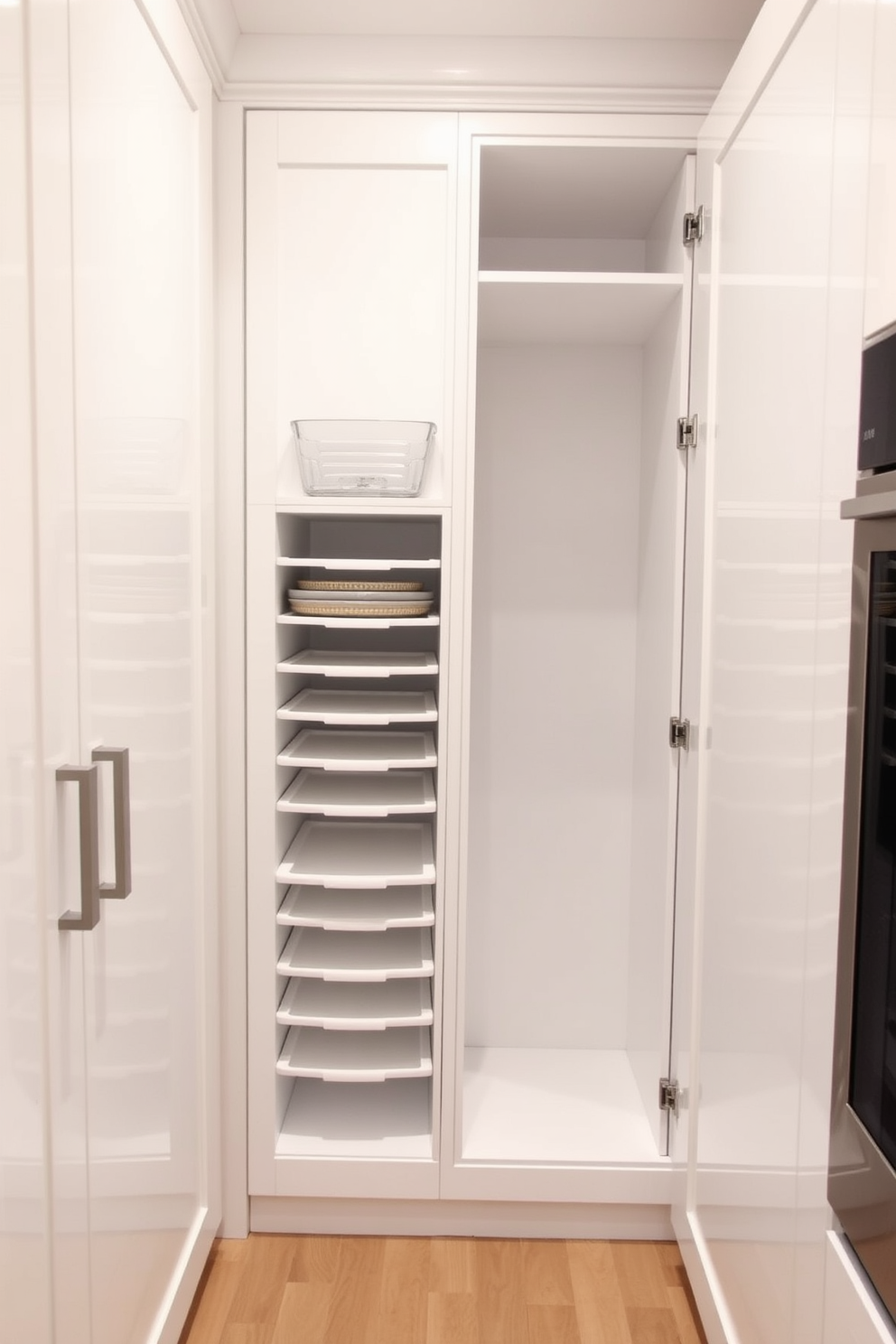 A sleek white pantry designed for optimal organization features vertical dividers specifically designed for baking sheets. The cabinetry is finished in a glossy white with modern hardware, creating a clean and inviting space.