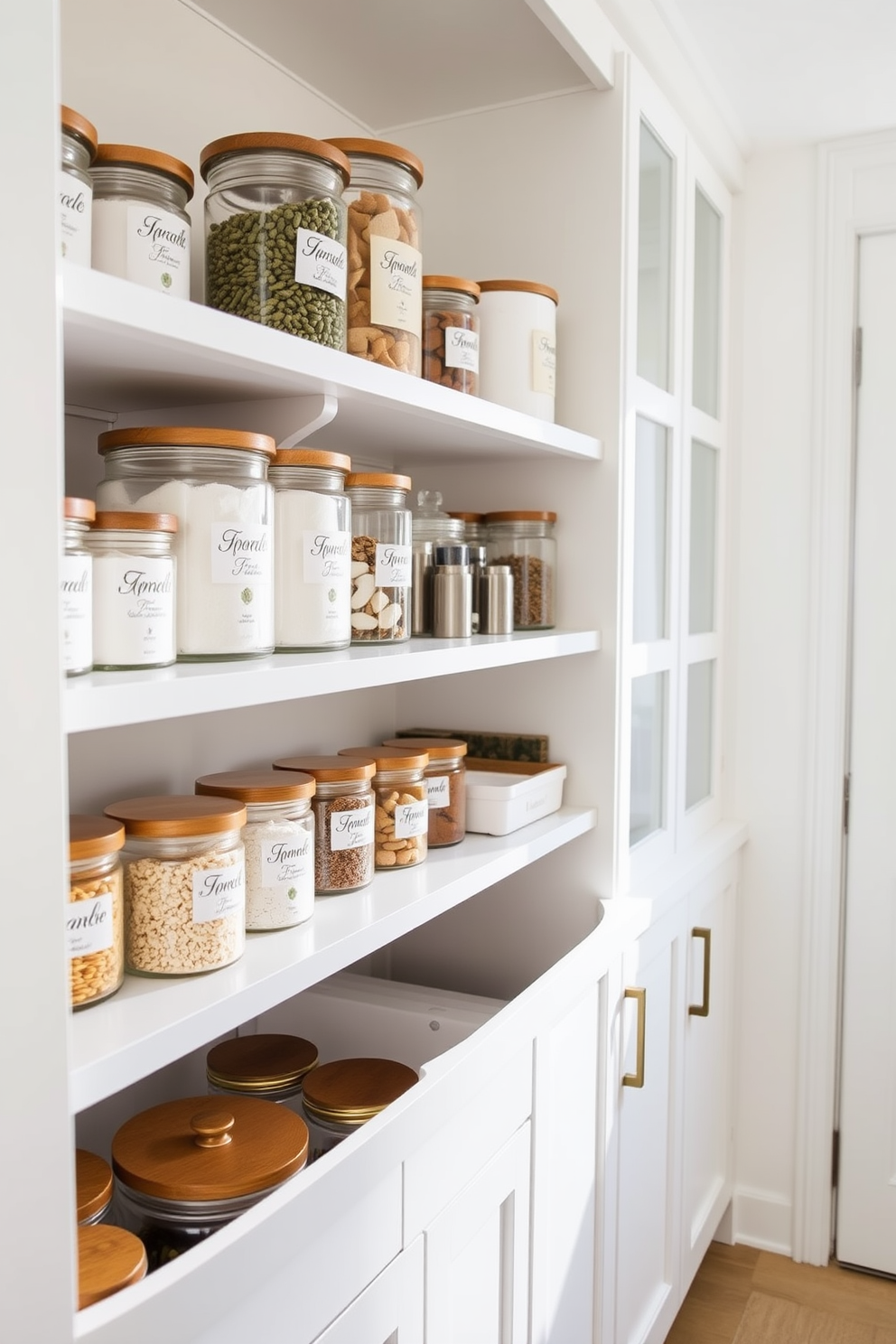 Decorative canisters for pantry essentials arranged neatly on open shelves. The canisters are made of glass with wooden lids and are labeled with elegant typography. The pantry features a bright white color scheme with sleek cabinetry and clean lines. Natural light floods the space, highlighting the organized and stylish storage solutions.