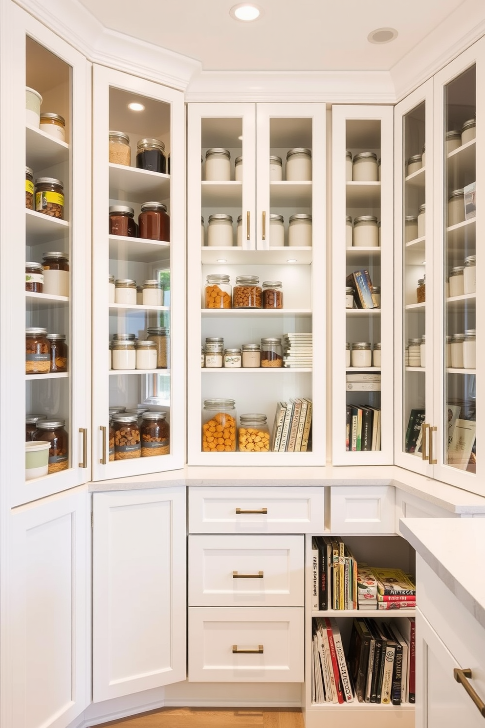 A modern pantry design featuring glass door cabinets that showcase neatly organized shelves filled with an array of jars and containers. The cabinetry is painted in a crisp white finish, creating a bright and airy atmosphere while enhancing visibility and accessibility. The pantry includes a central island with additional storage underneath, perfect for meal prep and displaying cookbooks. Soft ambient lighting illuminates the space, highlighting the clean lines and minimalist aesthetic of the white cabinetry.