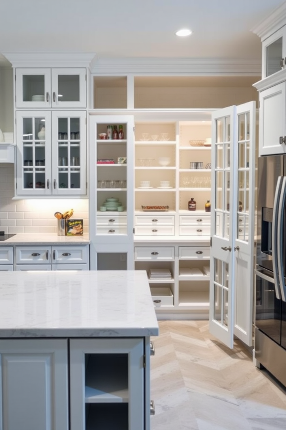 A multi-functional kitchen island features ample storage space with cabinets and shelves. The island is topped with a sleek quartz countertop, providing a perfect area for meal prep and casual dining. The white pantry design showcases elegant cabinetry with glass-front doors for easy visibility of contents. Inside, organized shelves and pull-out drawers maximize space and enhance functionality.