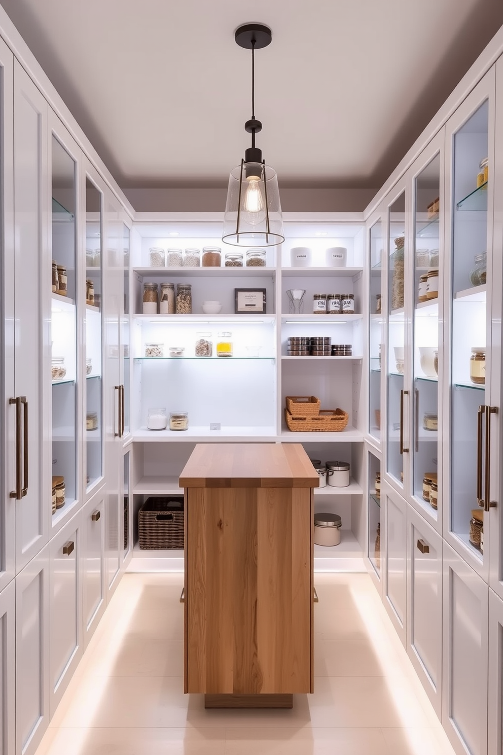 A bright and airy pantry featuring sleek white cabinetry with under-shelf lighting that casts a warm glow. The shelves are neatly organized with clear containers and labeled jars, creating a visually appealing and functional space. The pantry includes a small wooden island in the center, providing additional storage and workspace. A stylish pendant light hangs above the island, enhancing the overall ambiance of the room.